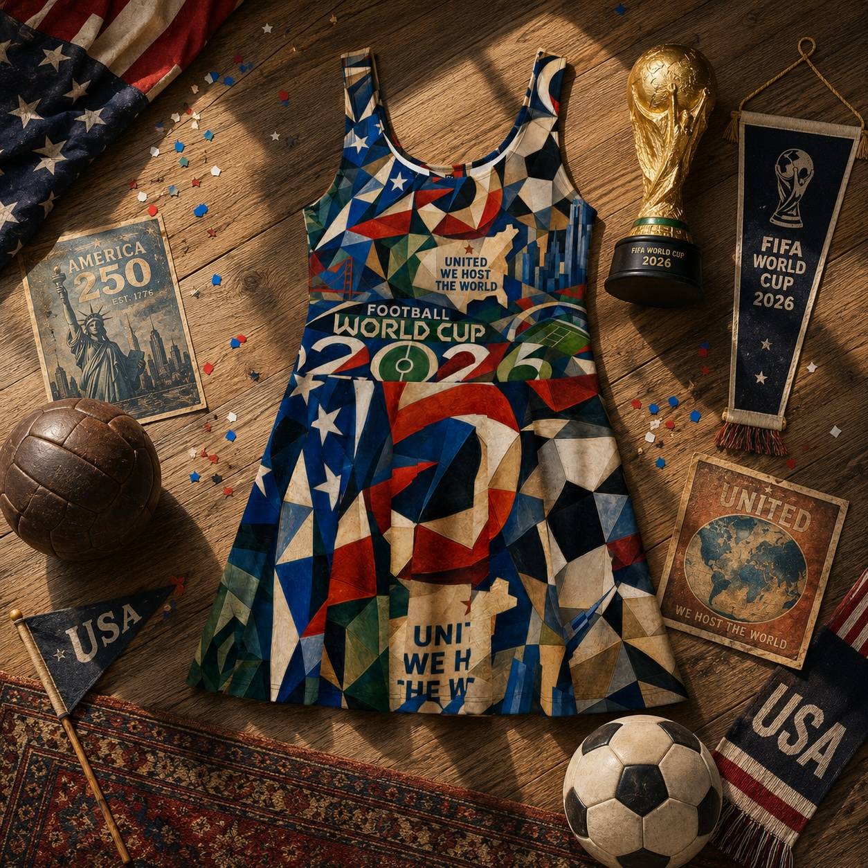 America 250 x FIFA World Cup 2026 skater dress in patriotic soccer-themed flat lay with USA flags and World Cup memorabilia.