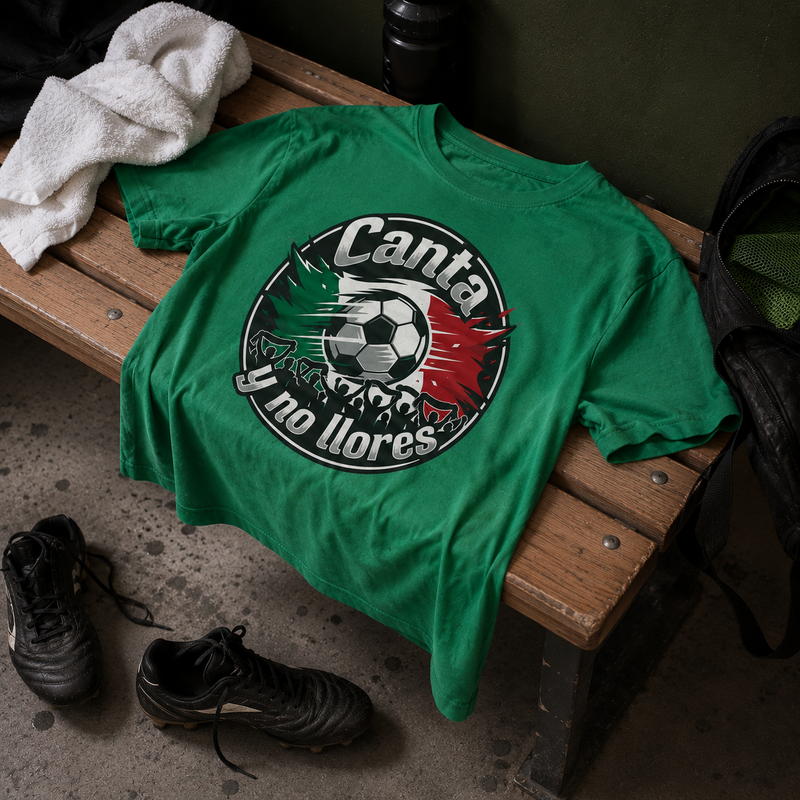 Green Mexican football t-shirt with "Canta y no llores" text on a locker room bench with soccer cleats and a towel