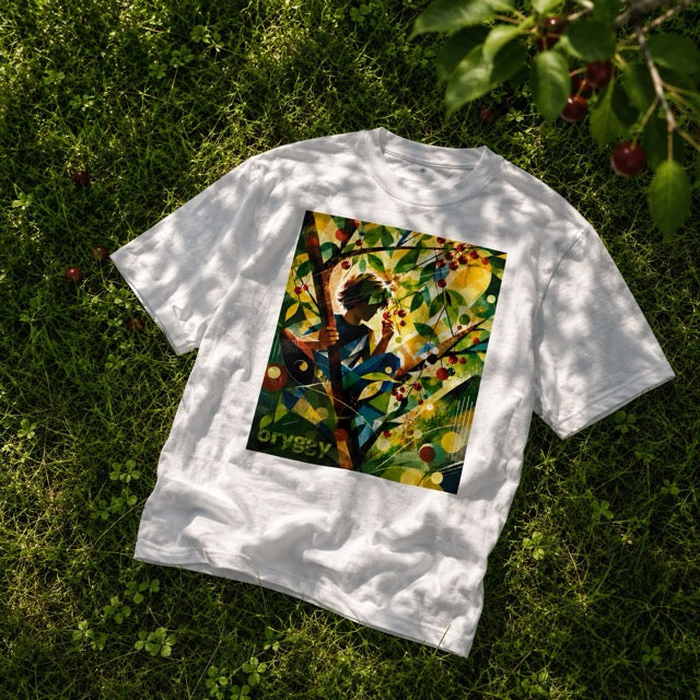 White graphic T-shirt with slight wrinkles laid on summer grass, featuring soft cherry tree shadows and a vibrant abstract artwork.