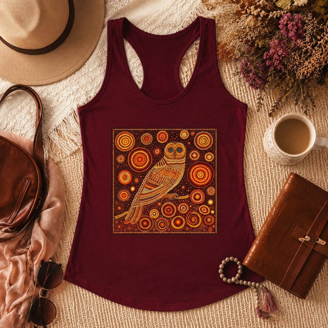 Burgundy racerback tank top with an owl illustration placed on a woven fabric surface. The shirt is surrounded by flowers, a wide-brim hat, sunglasses, a leather journal and a coffee cup.