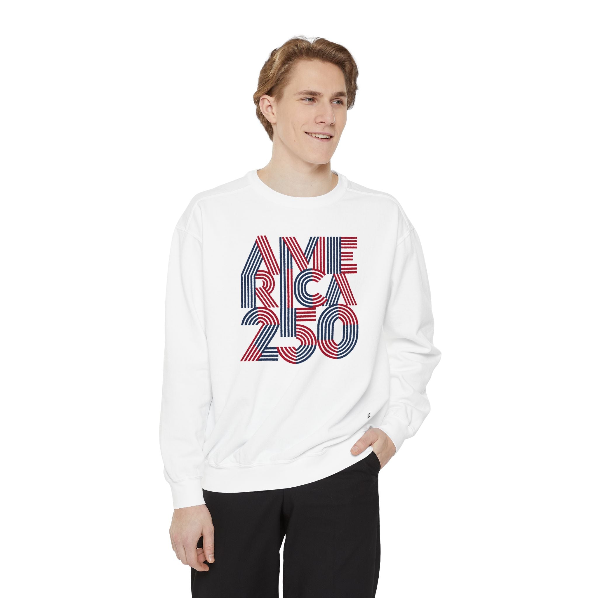 America 250 Retro Stripe Sweatshirt — Patriotic 250th Anniversary Crewneck