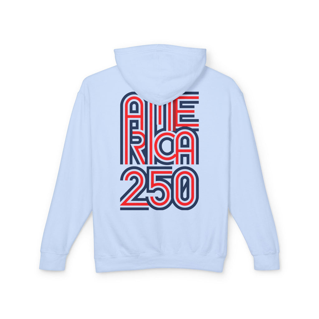 America 250 Hoodie — Retro Red & Blue Patriotic Anniversary Pullover