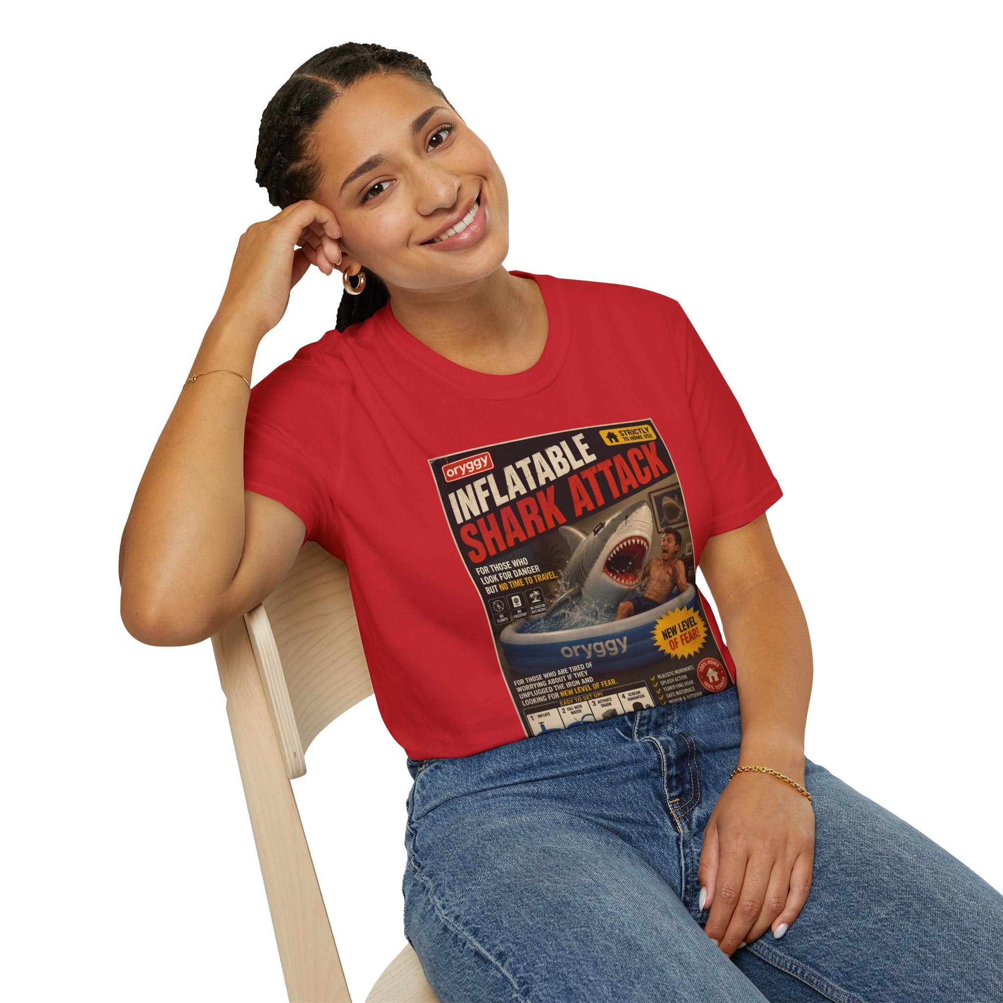 oryggy Originals Inflatable Shark Attack Vintage Poster T-Shirt — Retro Beach & Surf Graphic Tee