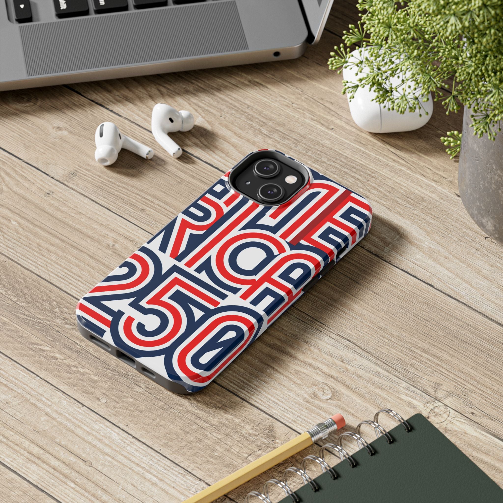 Patriotic 'America 250' Tough Phone Case – Red, White & Blue Retro Typography