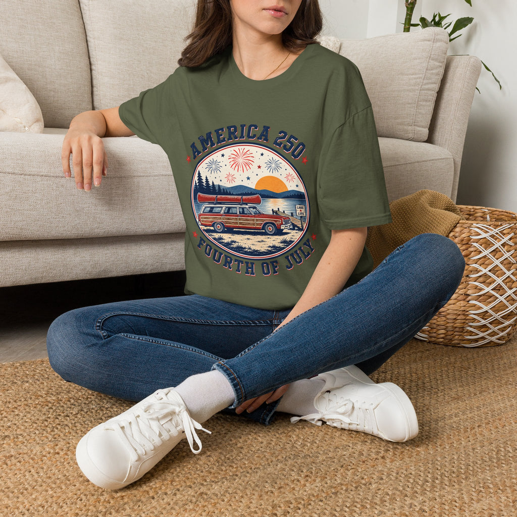 America 250 T-Shirt — oryggy Fourth of July Patriotic Fireworks Sunset Tee
