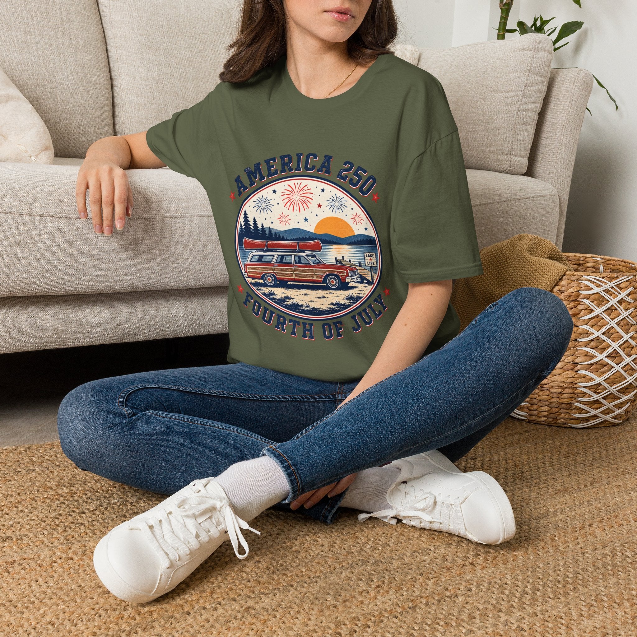 America 250 T-Shirt — oryggy Fourth of July Patriotic Fireworks Sunset Tee