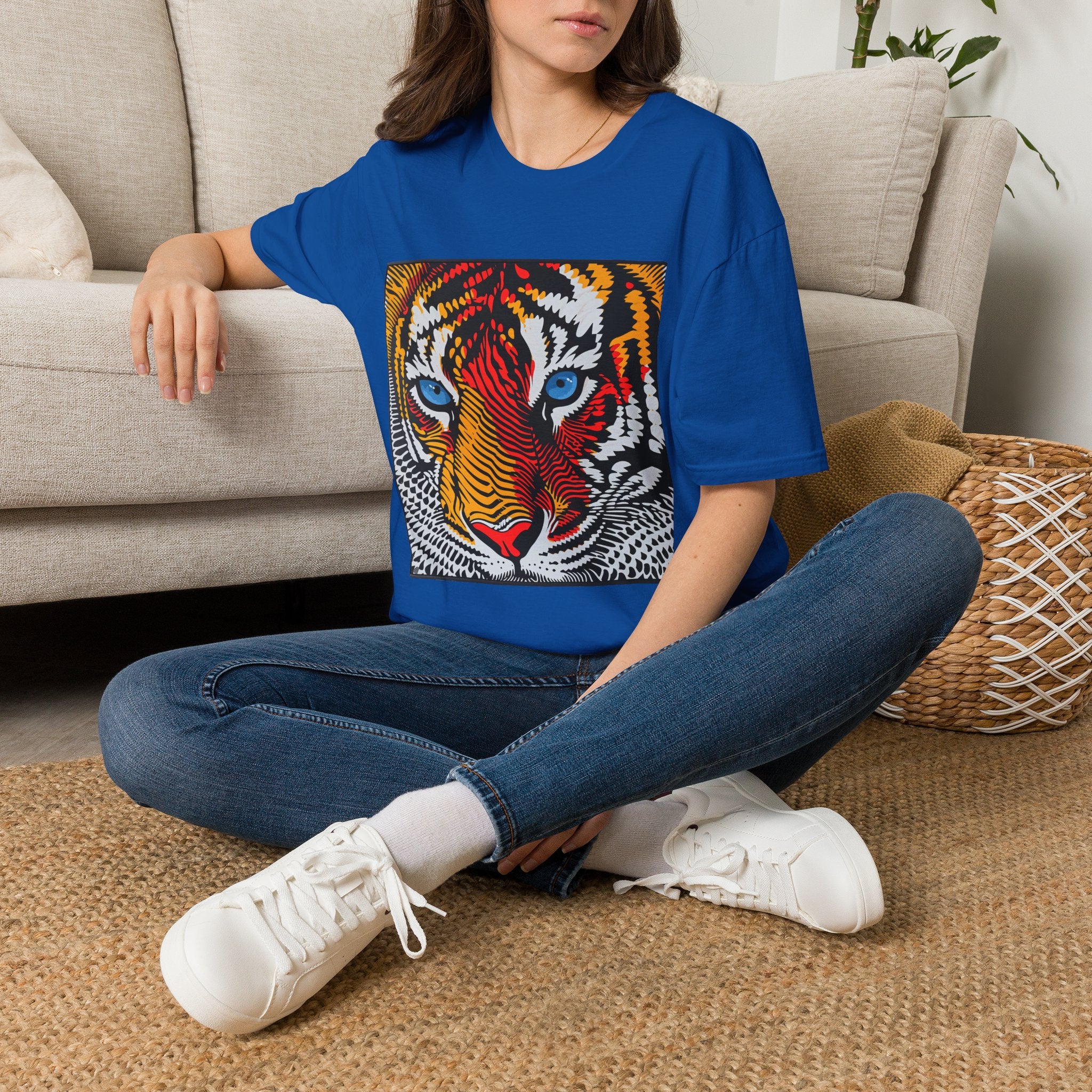 oryggy Colorful Tiger Face T-Shirt with Vibrant Blue Eyes and Pop Art Stripes