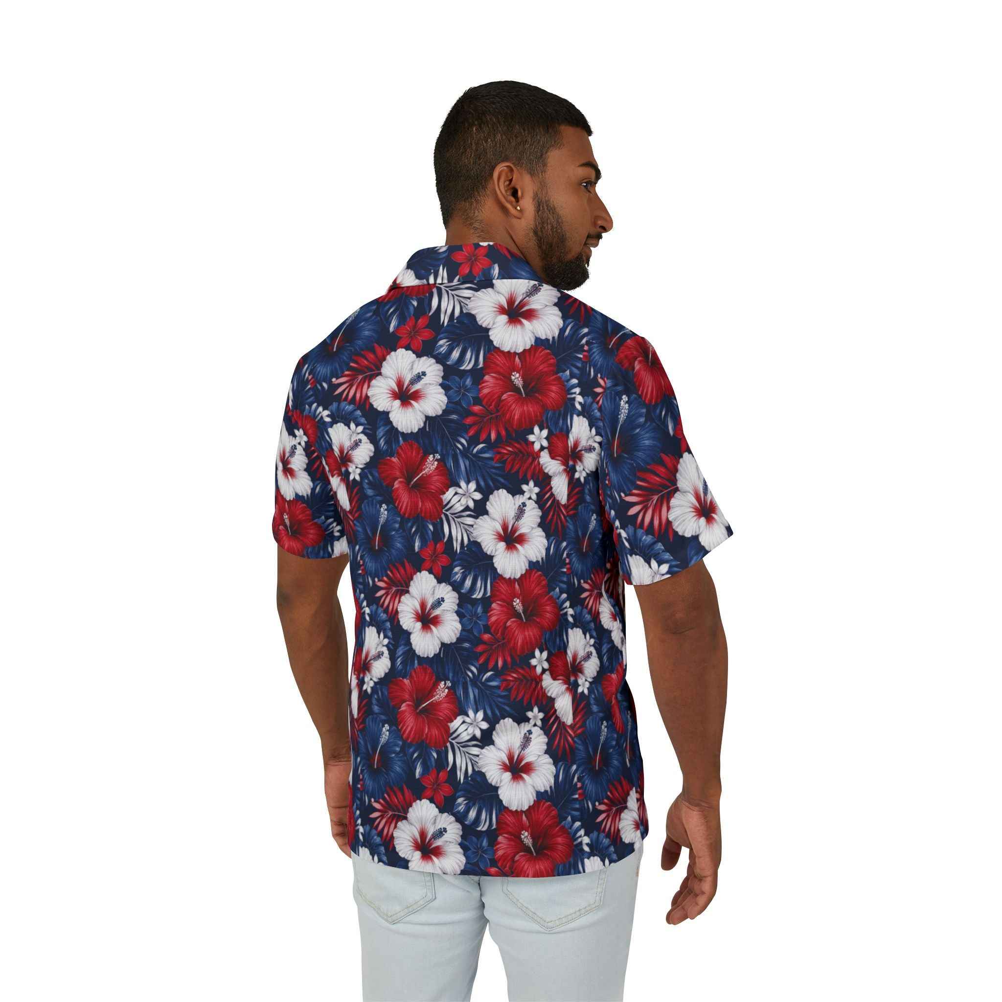 America 250 Patriotic Red White & Blue Hawaiian Shirt — Men's Floral Camp Shirt