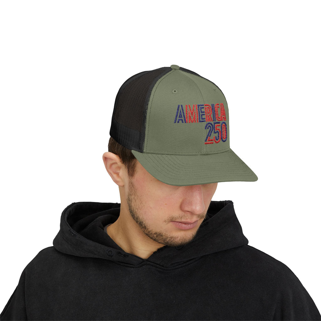 America 250 Snapback Cap | Patriotic USA Flag Text Trucker Hat