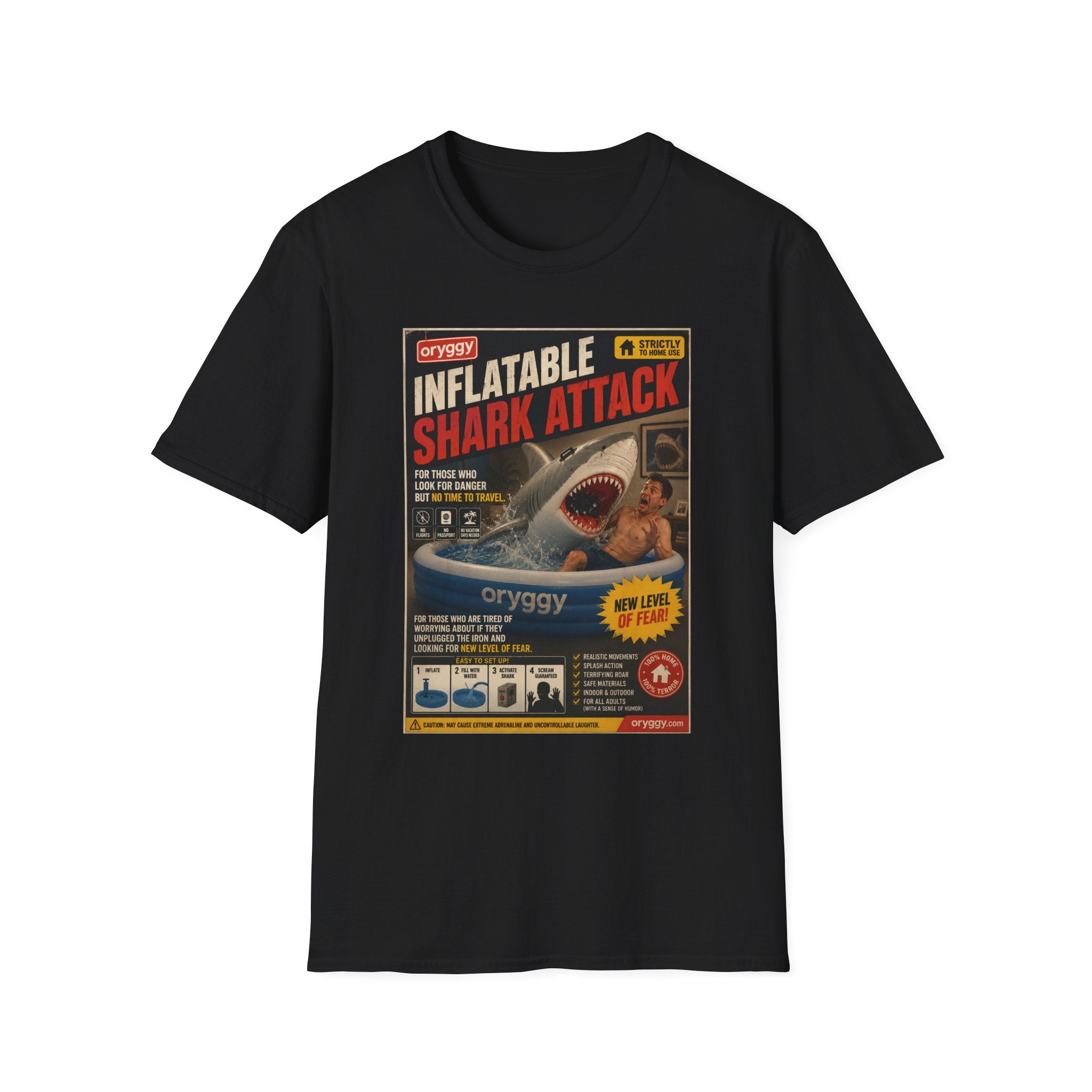 oryggy Originals Inflatable Shark Attack Vintage Poster T-Shirt — Retro Beach & Surf Graphic Tee