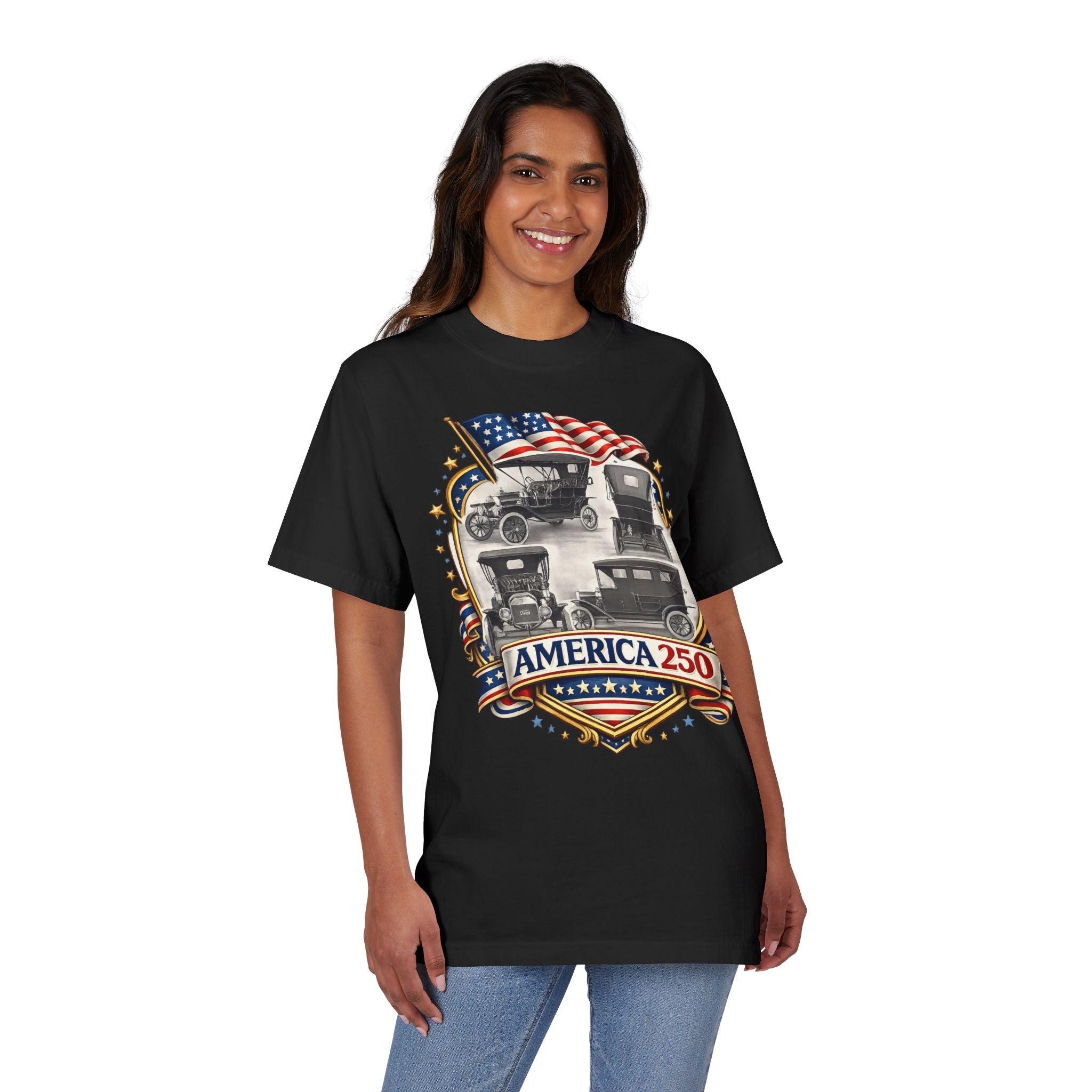 America 250 Vintage Cars Patriotic T-Shirt — 100% USA cotton