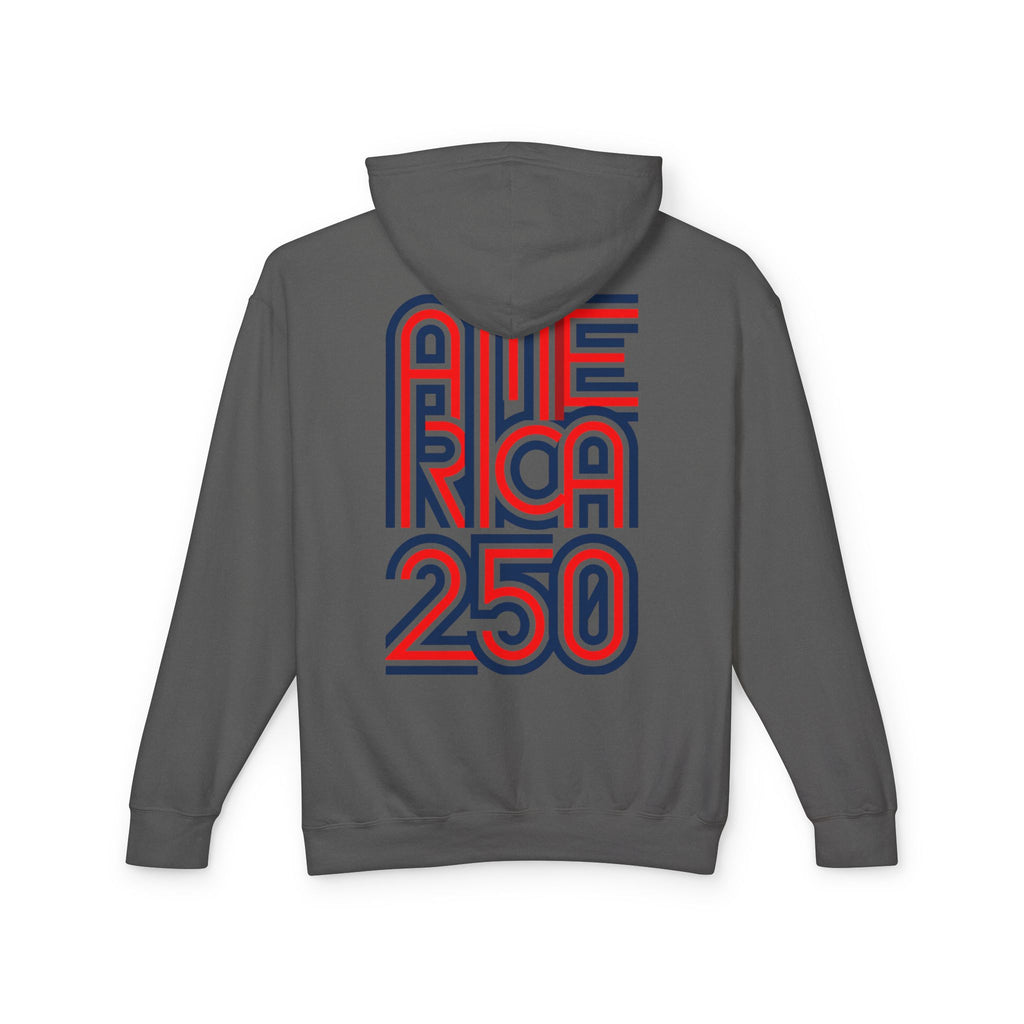 America 250 Hoodie — Retro Red & Blue Patriotic Anniversary Pullover