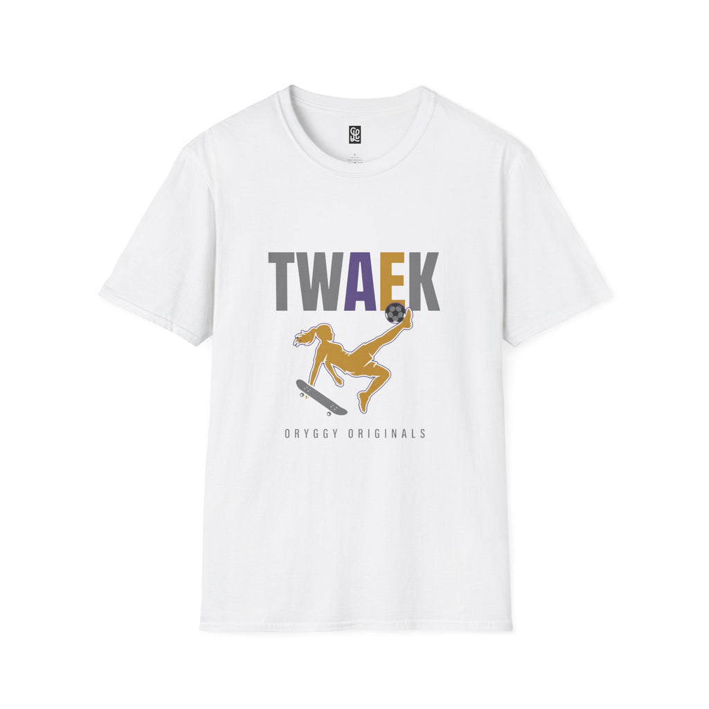 oryggy Originals TWAEK t-shirt in solid white, premium softstyle cotton streetwear tee featuring a glitched multi-color typography and vibrant female skater silhouette.