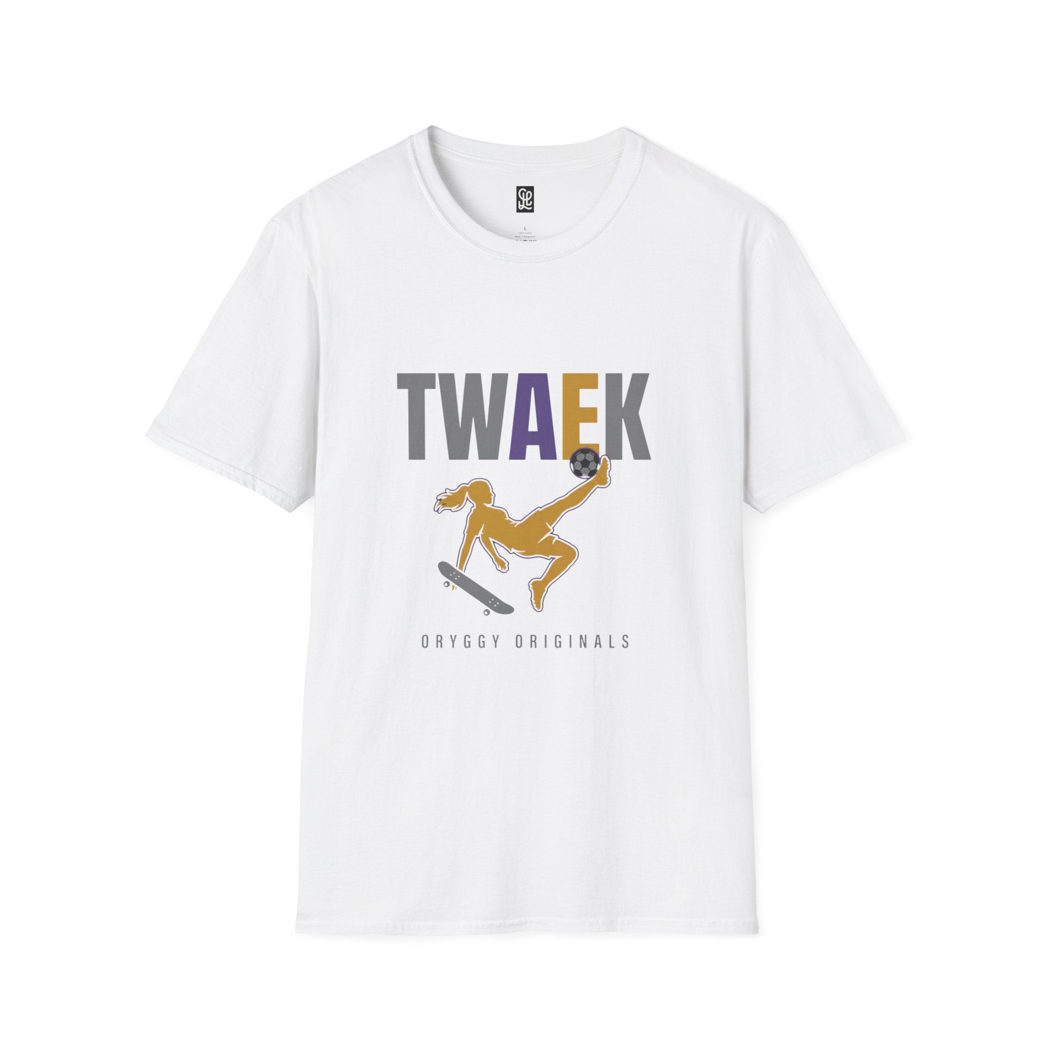 oryggy Originals TWAEK t-shirt in solid white, premium softstyle cotton streetwear tee featuring a glitched multi-color typography and vibrant female skater silhouette.