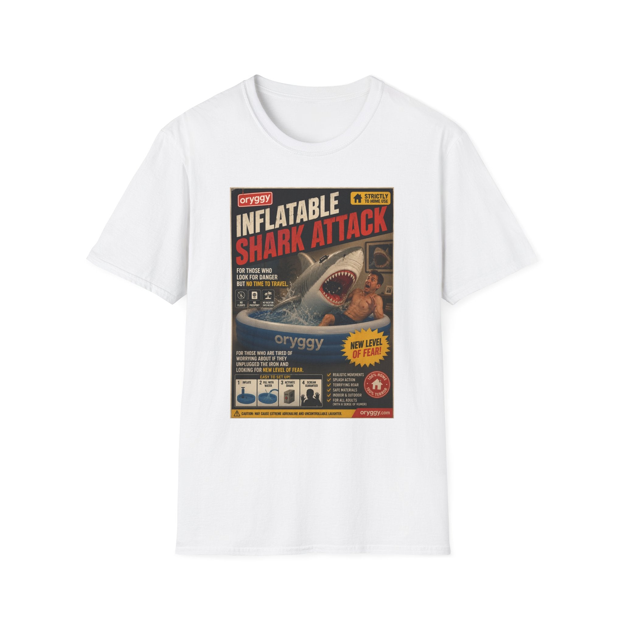 oryggy Originals Inflatable Shark Attack Vintage Poster T-Shirt — Retro Beach & Surf Graphic Tee