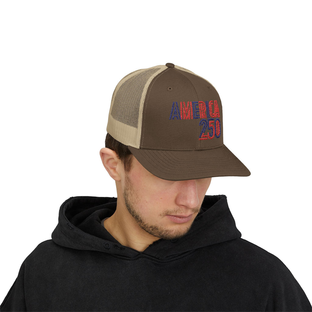 America 250 Snapback Cap | Patriotic USA Flag Text Trucker Hat