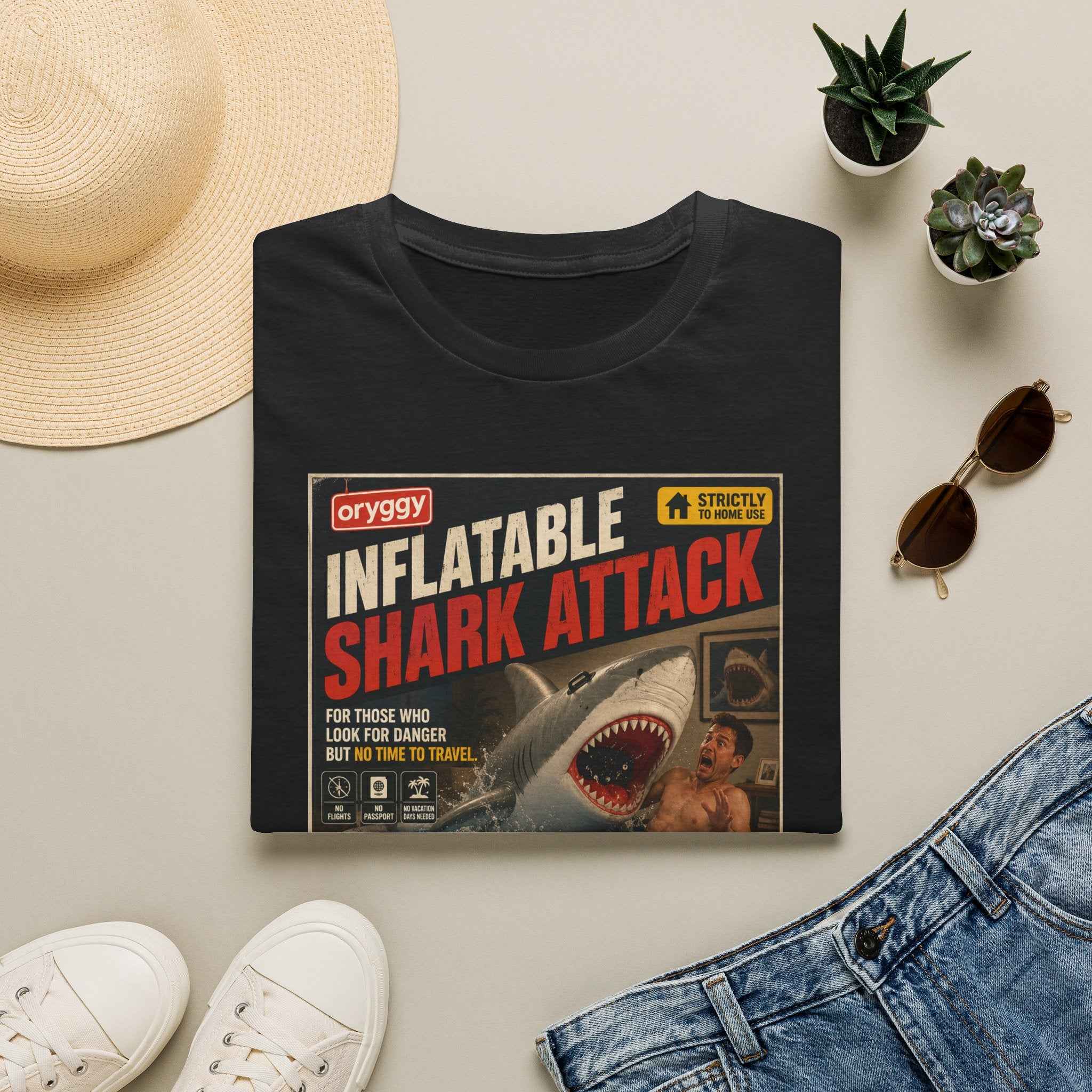 oryggy Originals Inflatable Shark Attack Vintage Poster T-Shirt — Retro Beach & Surf Graphic Tee