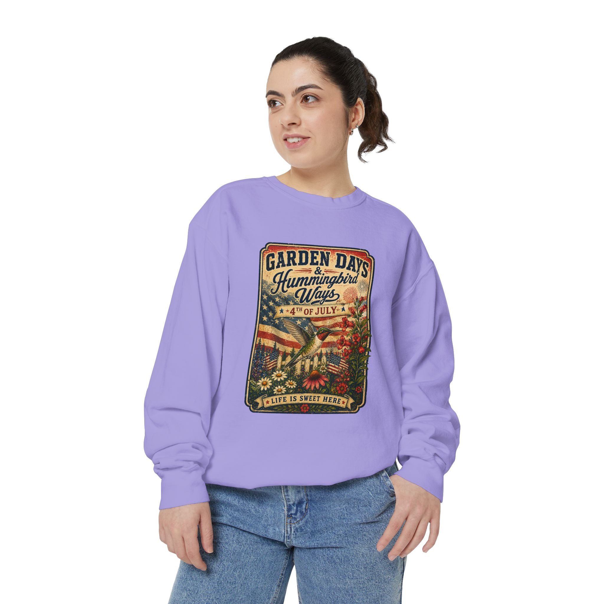 America 250 Garden Days Summer Sweatshirt — "Sweet Summer Wings" Vintage Floral 4th of July Crewneck