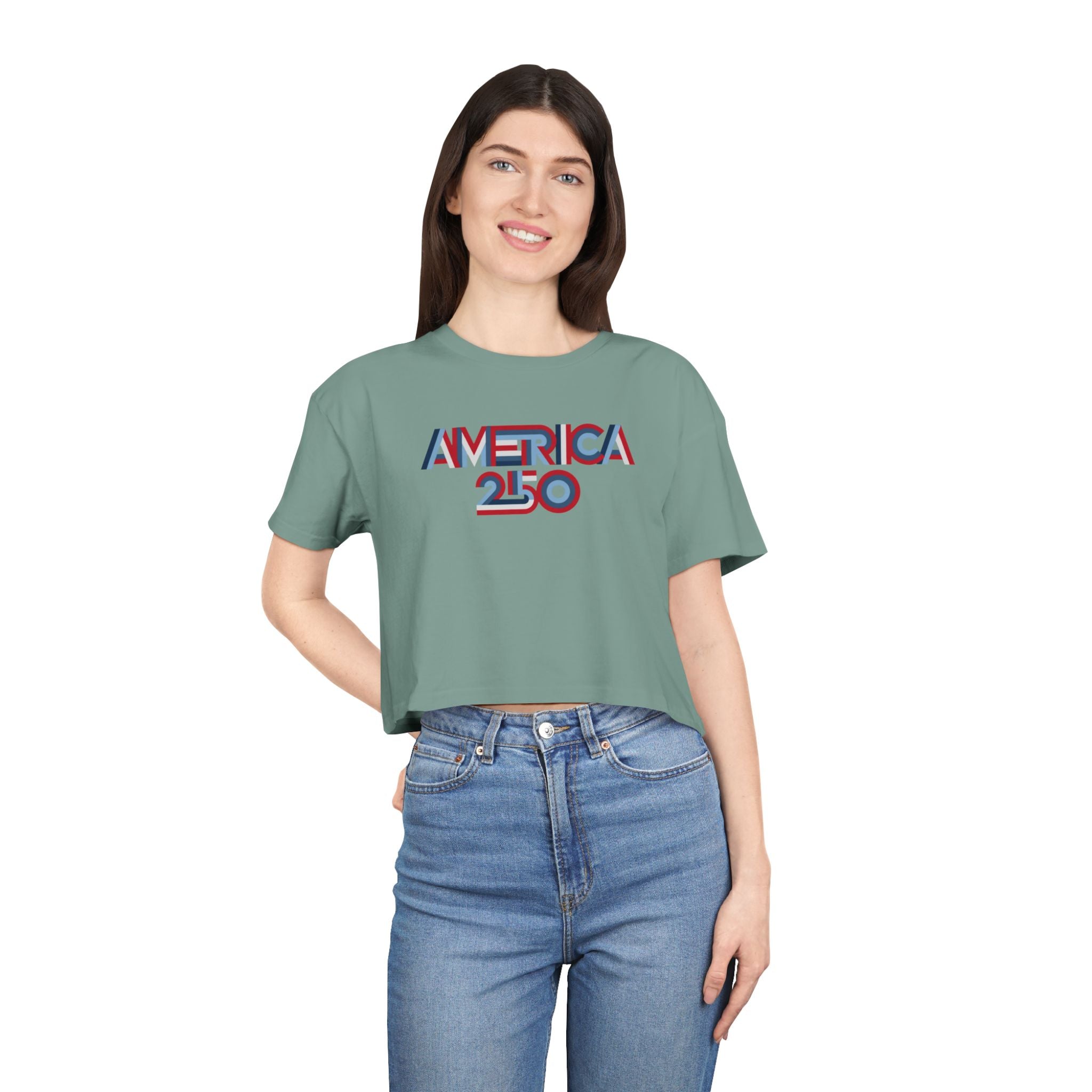 America 250 Crop Tee — Patriotic 3D Red & Blue Graphic