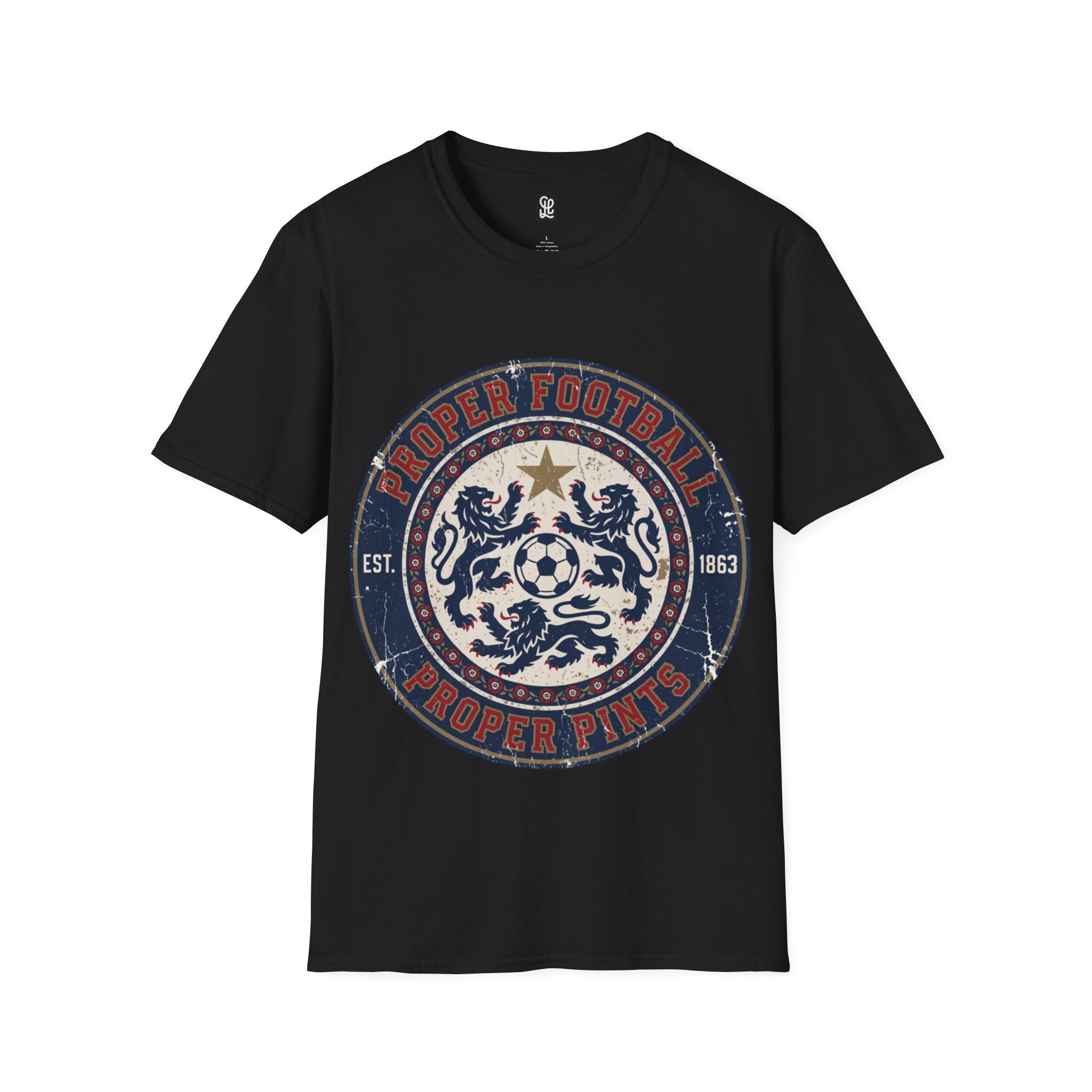 Black color variant of oryggy "Proper Football" vintage crest t-shirt, retro soccer graphic tee with double-lion emblem for FIFA 2026.