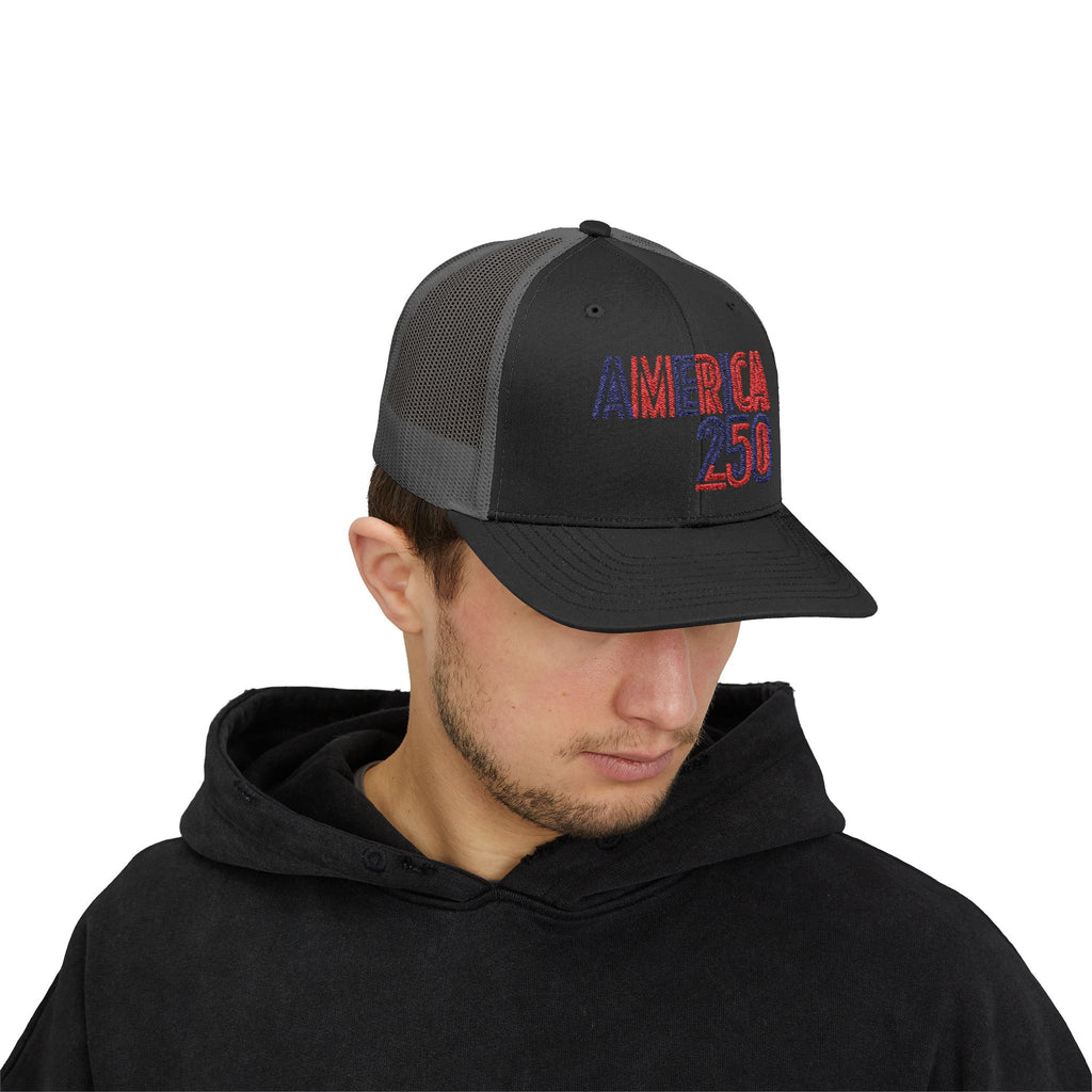 America 250 Snapback Cap | Patriotic USA Flag Text Trucker Hat