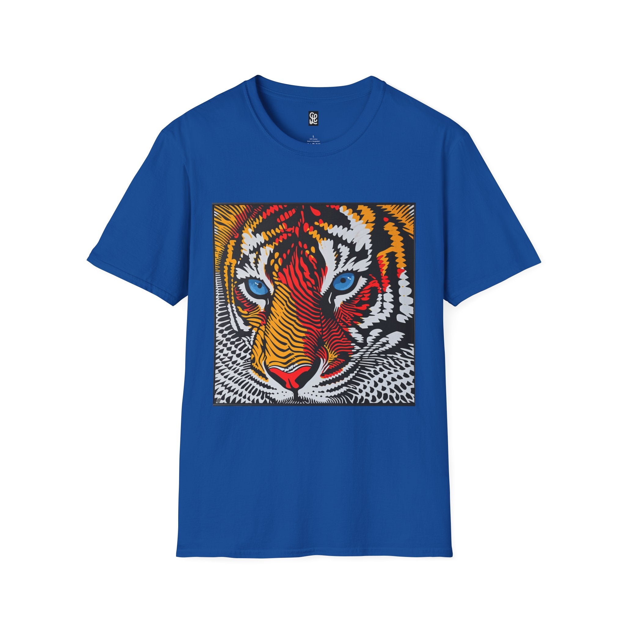 Colorful Tiger Face T-Shirt | Vibrant Blue Eyes, Pop Art Stripes