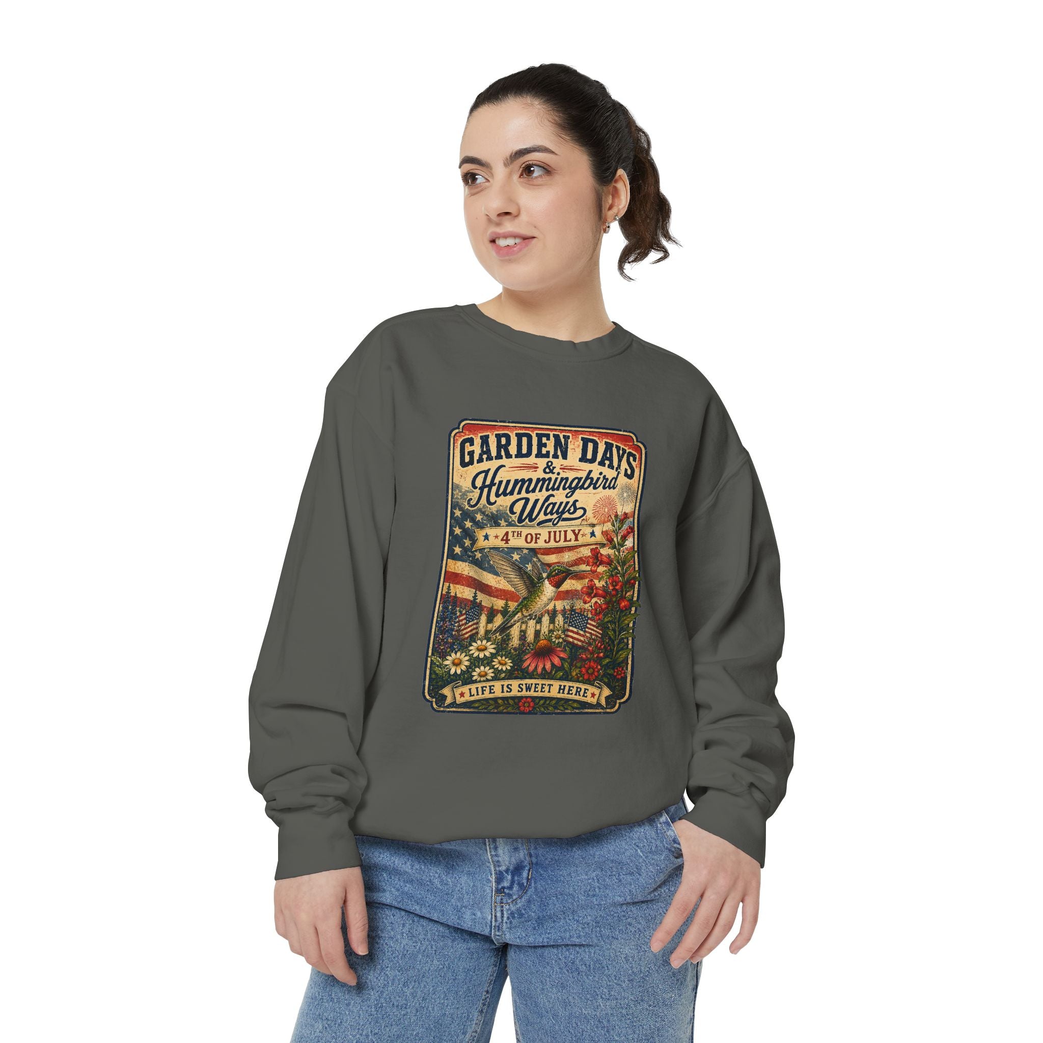 America 250 Garden Days Summer Sweatshirt — "Sweet Summer Wings" Vintage Floral 4th of July Crewneck