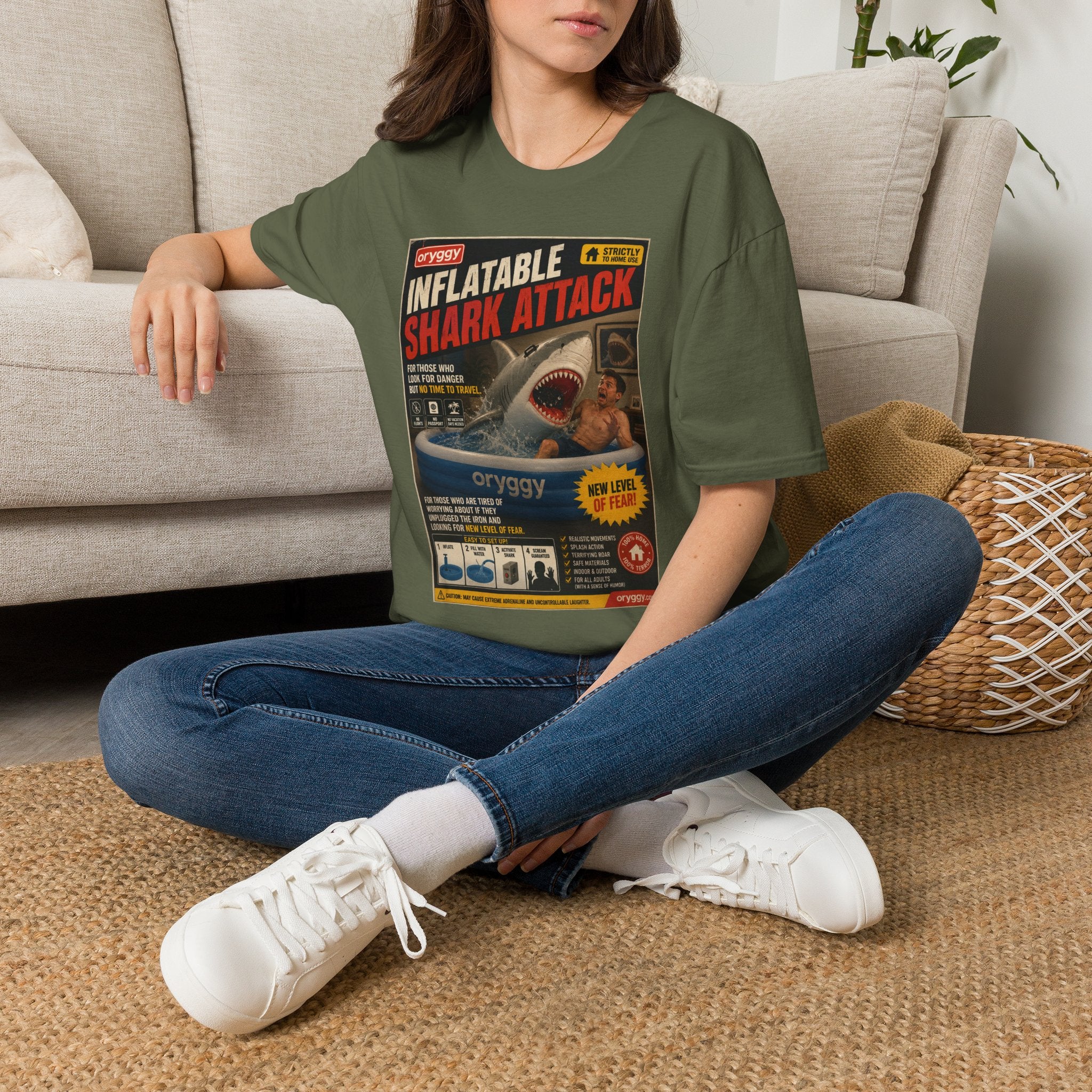 oryggy Originals Inflatable Shark Attack Vintage Poster T-Shirt — Retro Beach & Surf Graphic Tee