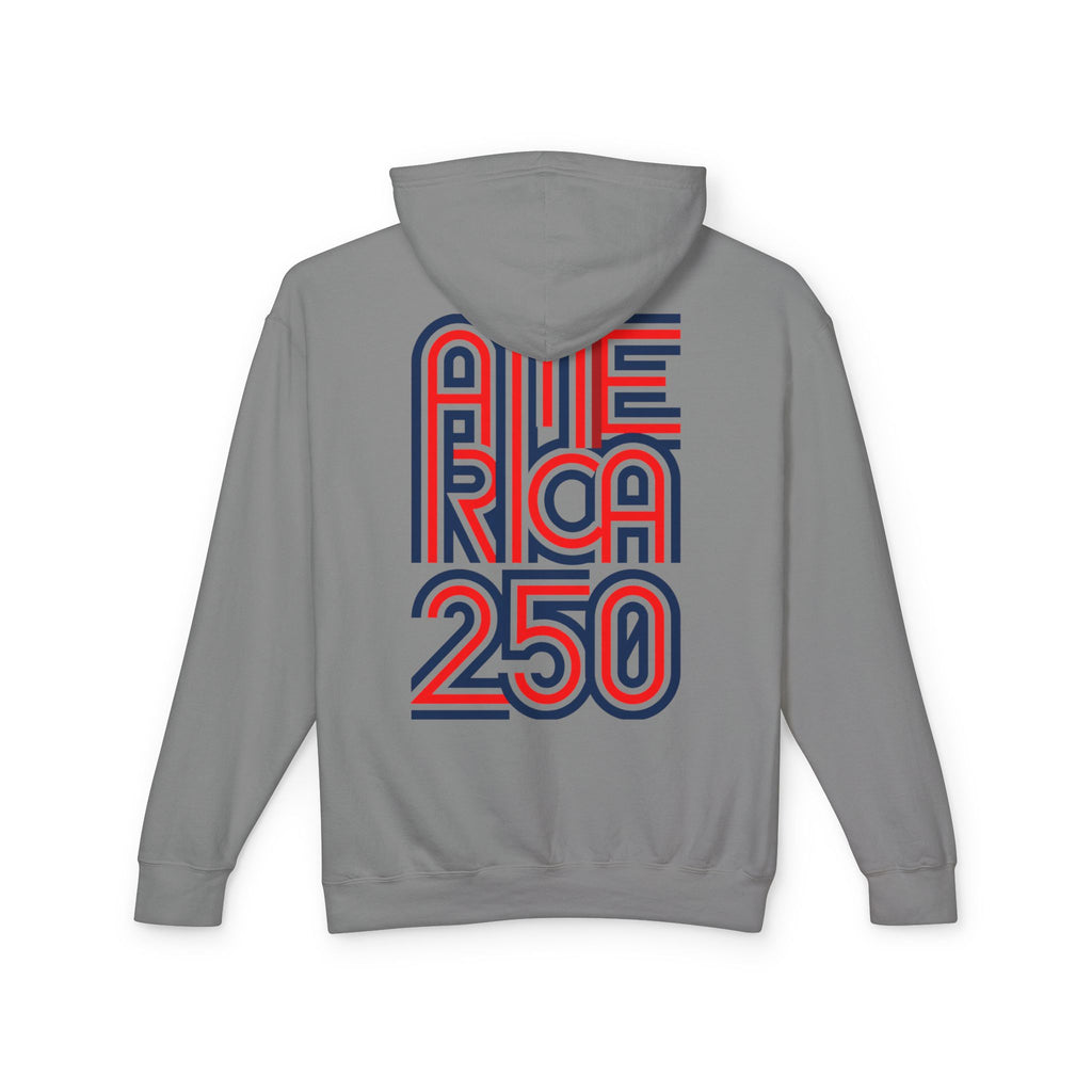 America 250 Hoodie — Retro Red & Blue Patriotic Anniversary Pullover