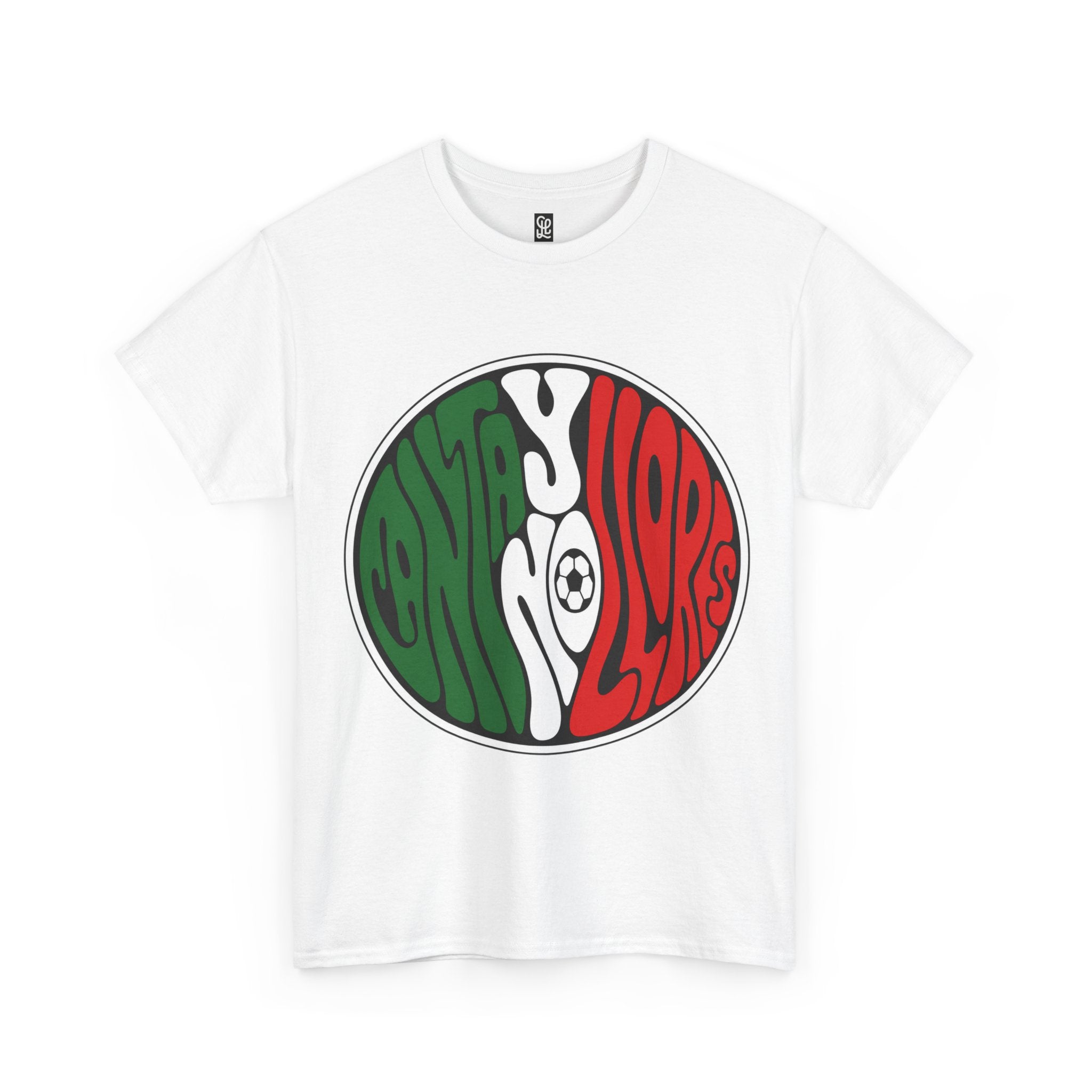 oryggy Mexico Soccer retro logo t-shirt in white, premium midweight cotton tee featuring a green, white, and red circular vintage graphic with 70s typography.