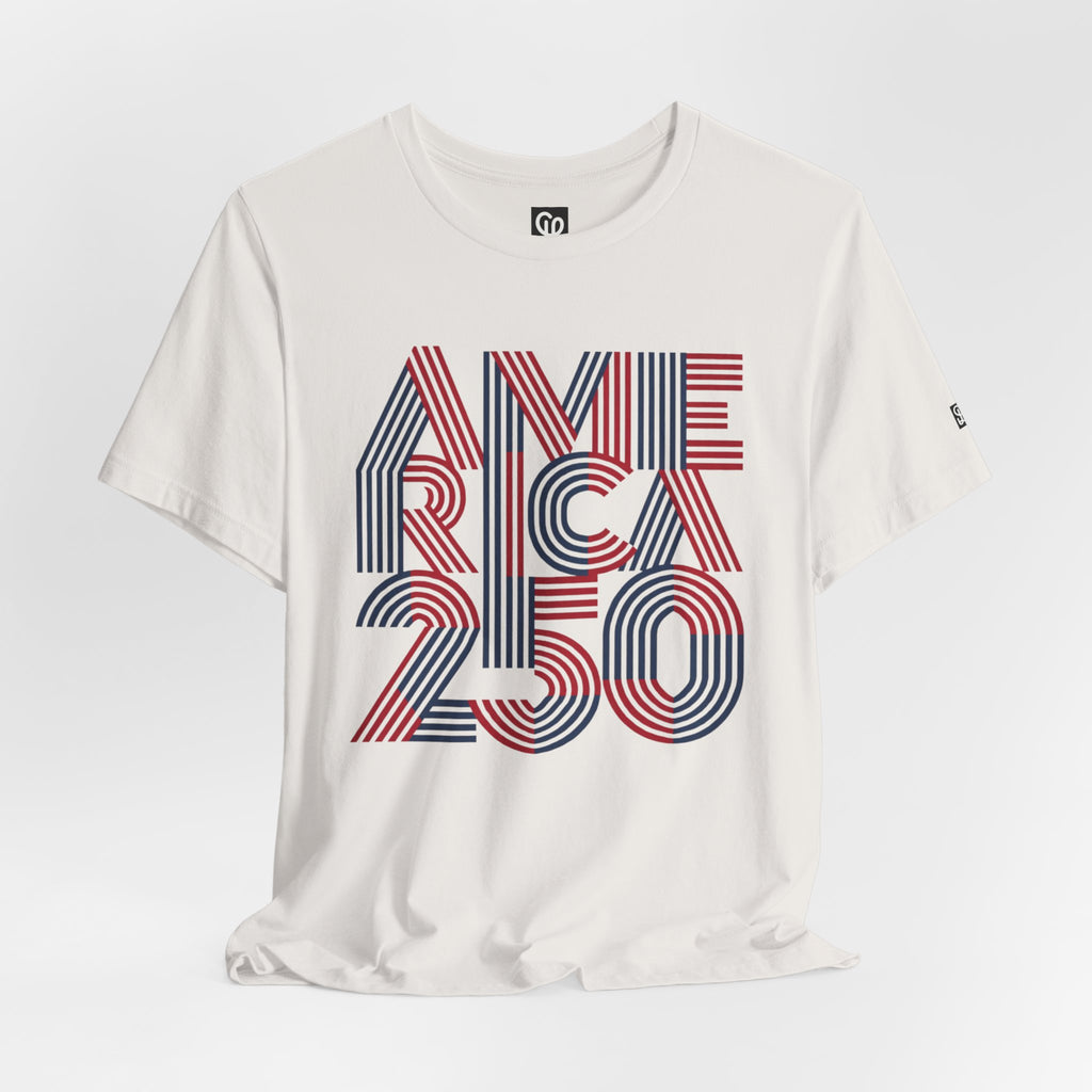America 250 Tee | Patriotic Red Blue Striped Typography