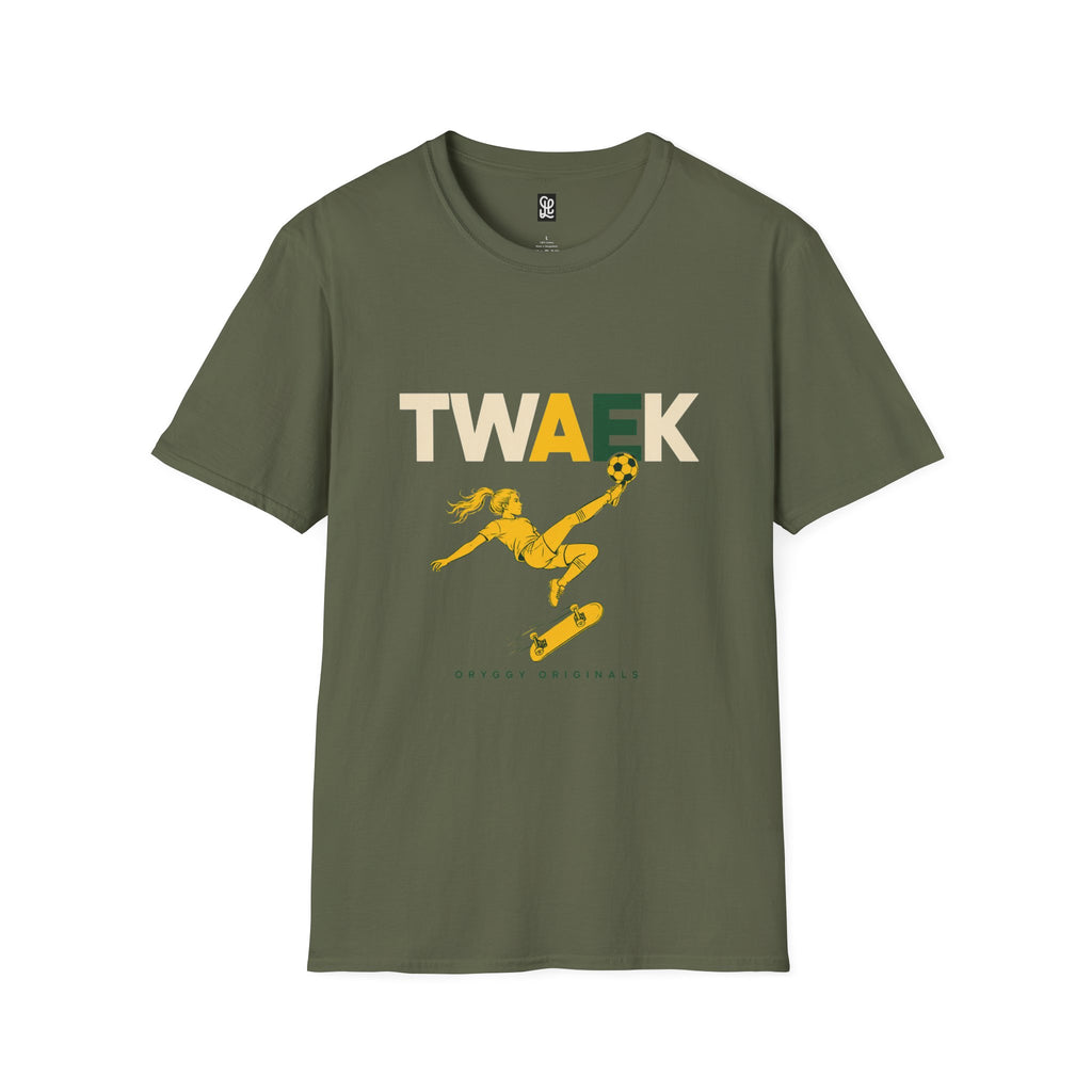 Military green variant of oryggy Originals TWAEK t-shirt, casual summer lifestyle cotton shirt showing a female athlete executing a dramatic overhead kick.