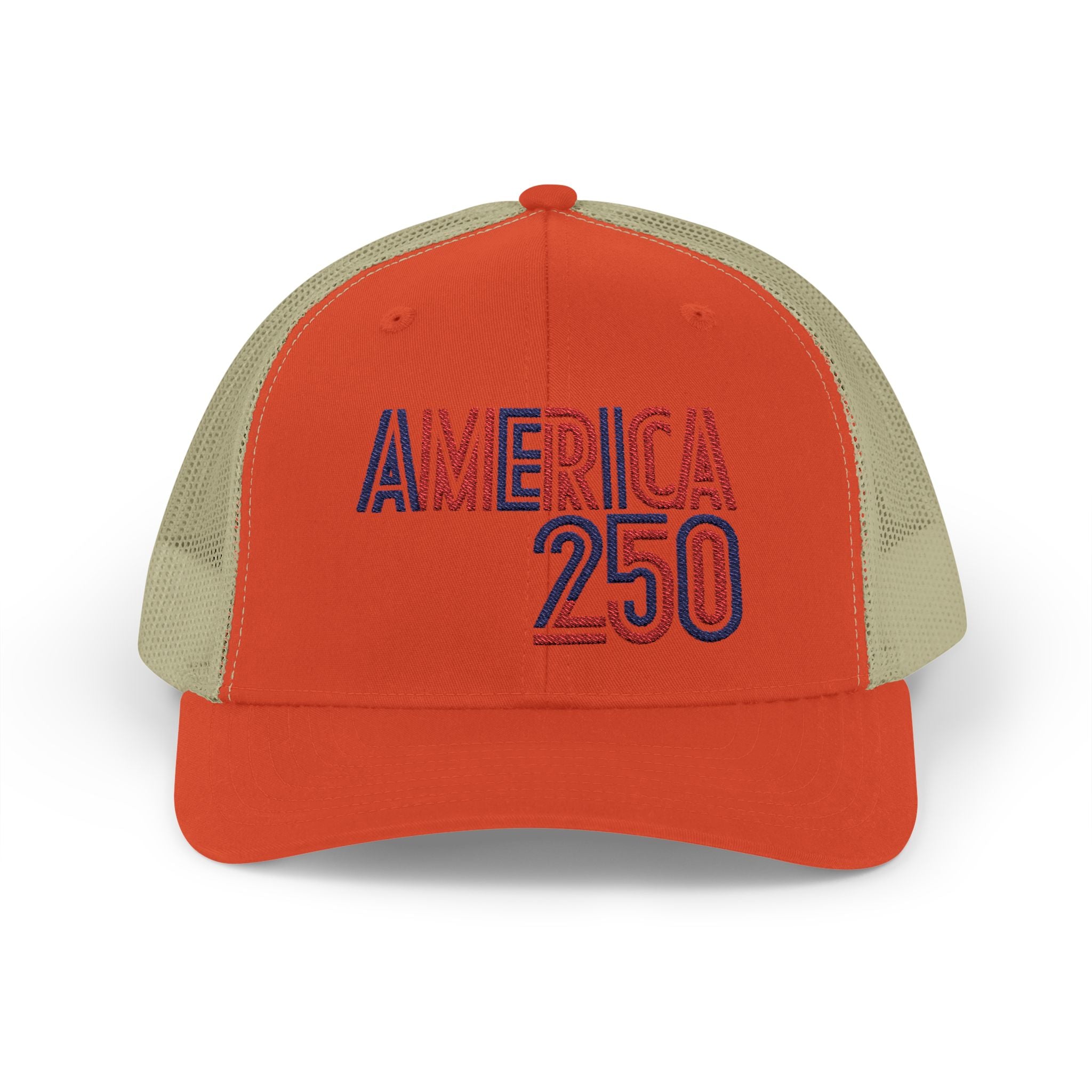 America 250 Snapback Cap | Patriotic USA Flag Text Trucker Hat