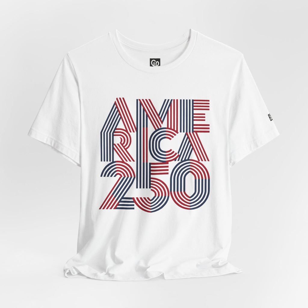 America 250 Tee | Patriotic Red Blue Striped Typography