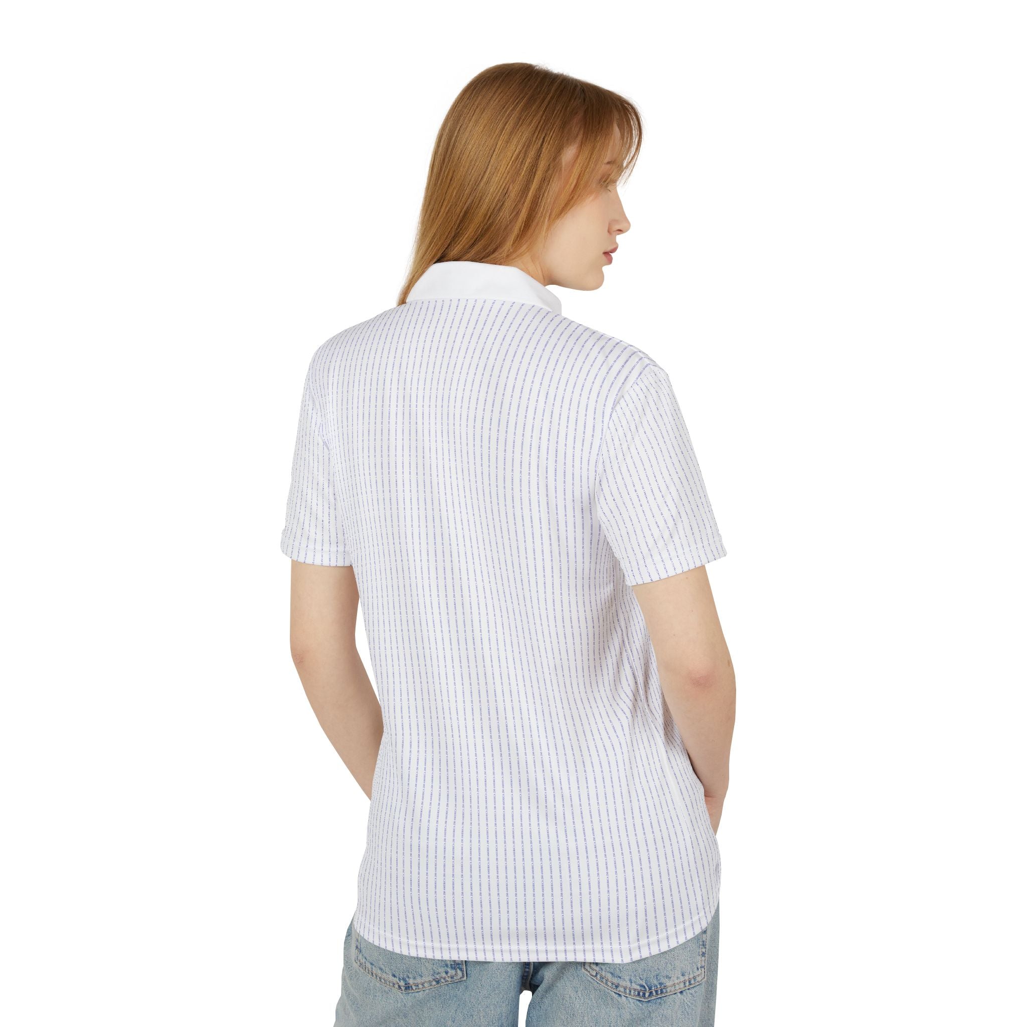 Back view of oryggy striped white polo shirt, premium lightweight athletic polo showing the clean tailored streetwear silhouette.