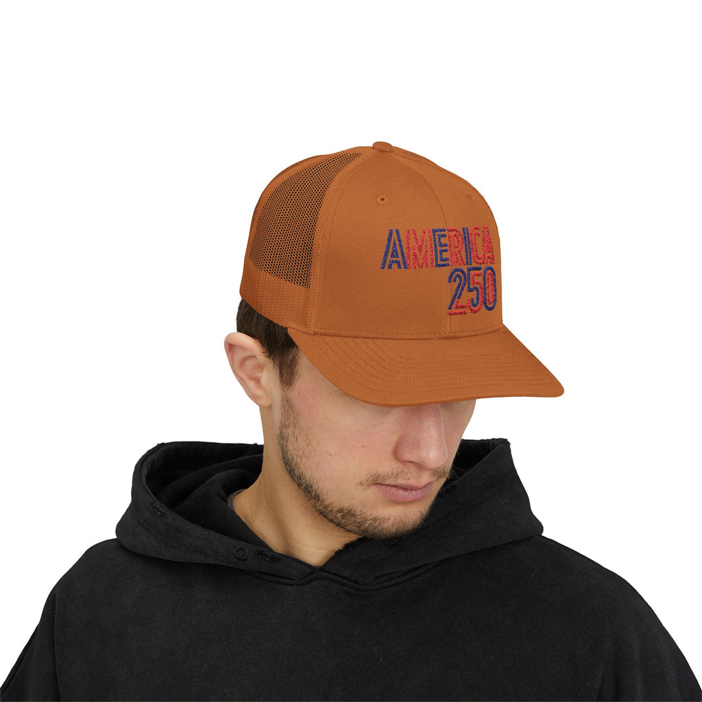 America 250 Snapback Cap | Patriotic USA Flag Text Trucker Hat