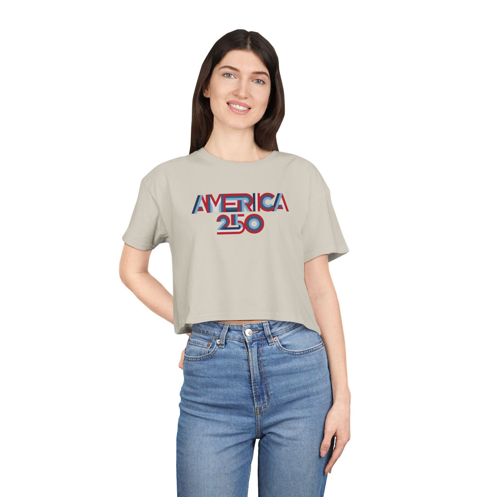 America 250 Crop Tee — Patriotic 3D Red & Blue Graphic