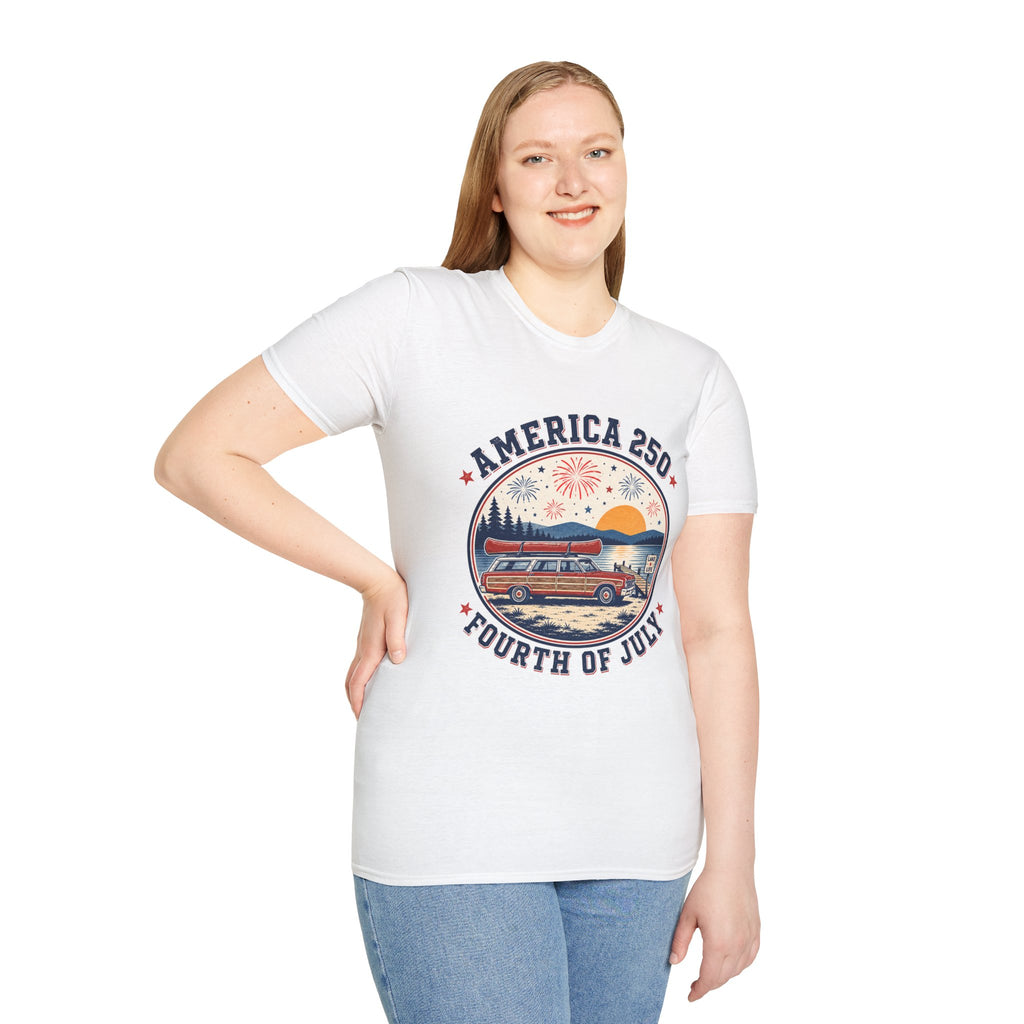 America 250 Fourth of July Personalized T-Shirt — Patriotic Fireworks Sunset Tee