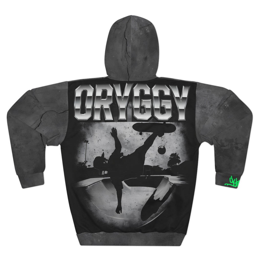 The back view of the oryggy Originals Hoodie. Displays a high-contrast monochrome graphic of a skater-footballer in mid-air, upside down, executing a dangerous overhead bicycle kick after jumping off his flying skateboard, set against a distressed concrete bowl backdrop.