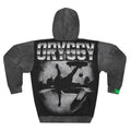 The back view of the oryggy Originals Hoodie. Displays a high-contrast monochrome graphic of a skater-footballer in mid-air, upside down, executing a dangerous overhead bicycle kick after jumping off his flying skateboard, set against a distressed concrete bowl backdrop.