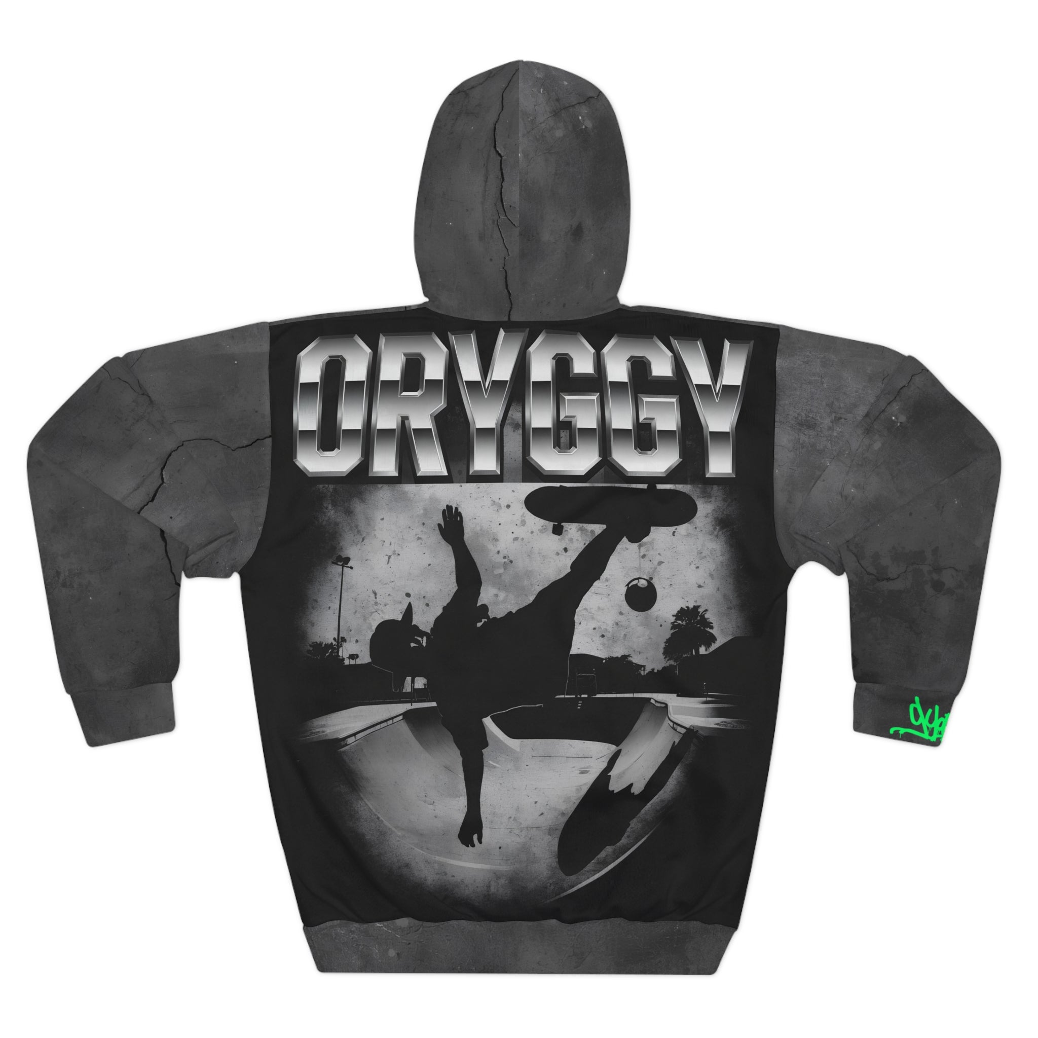 The back view of the oryggy Originals Hoodie. Displays a high-contrast monochrome graphic of a skater-footballer in mid-air, upside down, executing a dangerous overhead bicycle kick after jumping off his flying skateboard, set against a distressed concrete bowl backdrop.