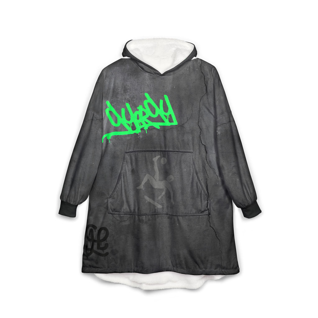 Front view of oryggy Originals Blanket. An oversized wearable hooded fleece jacket featuring a deep charcoal grey front panel and a spacious kangaroo pocket.

