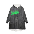Front view of oryggy Originals Blanket. An oversized wearable hooded fleece jacket featuring a deep charcoal grey front panel and a spacious kangaroo pocket.
