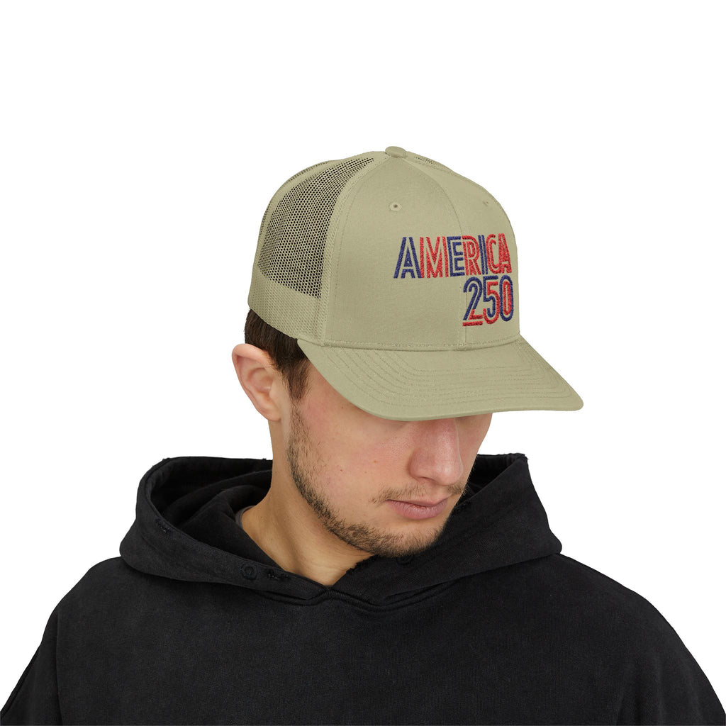 America 250 Snapback Cap | Patriotic USA Flag Text Trucker Hat