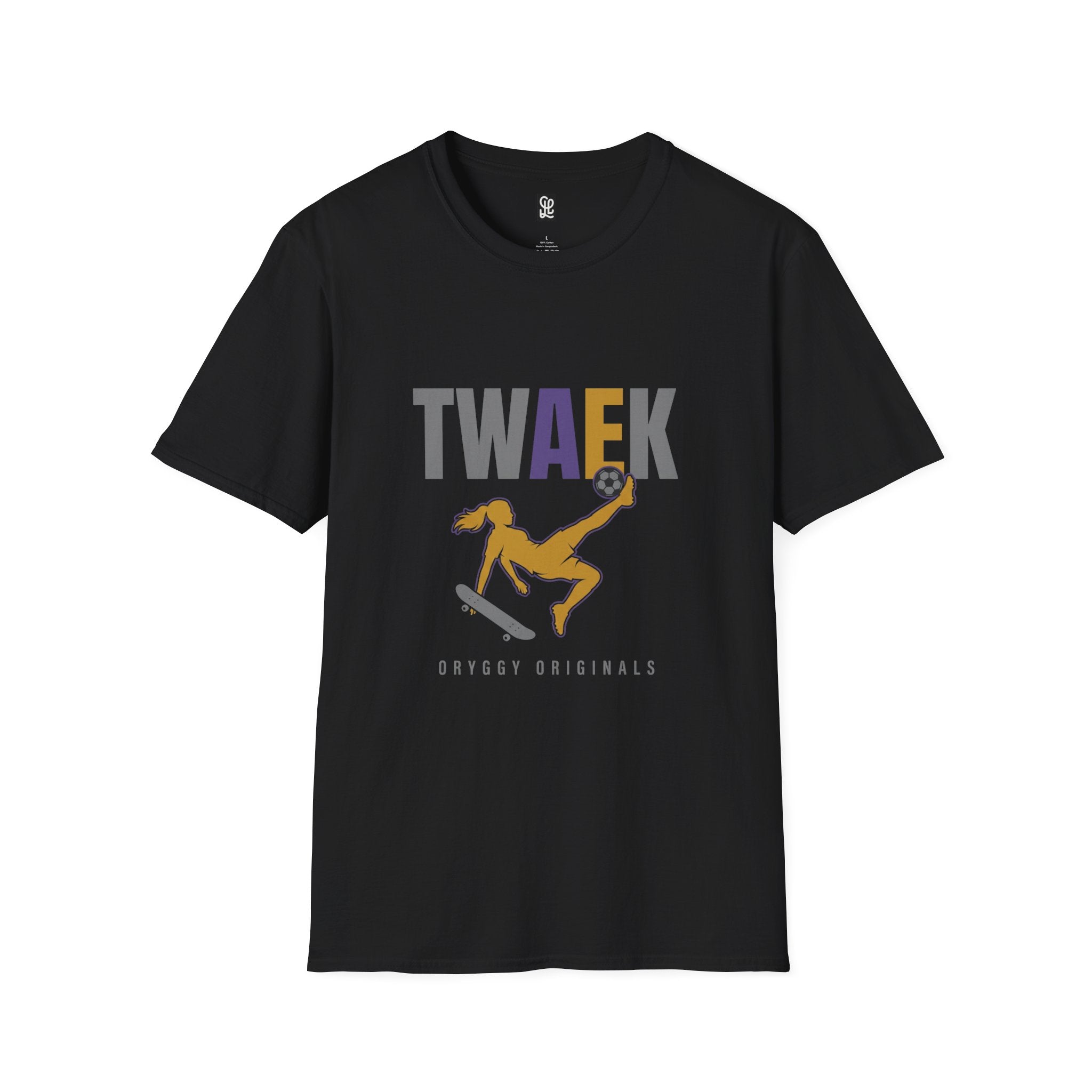 Black color variant of oryggy Originals TWAEK t-shirt, casual summer lifestyle cotton shirt showing a female athlete executing a dramatic overhead kick.