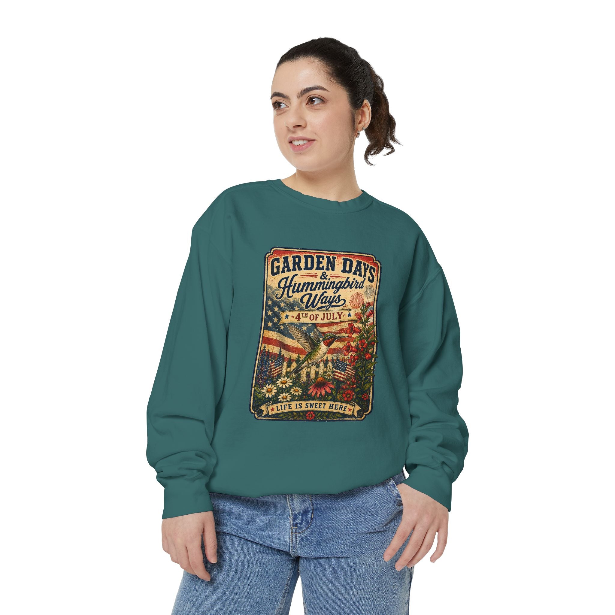 America 250 Garden Days Summer Sweatshirt — "Sweet Summer Wings" Vintage Floral 4th of July Crewneck