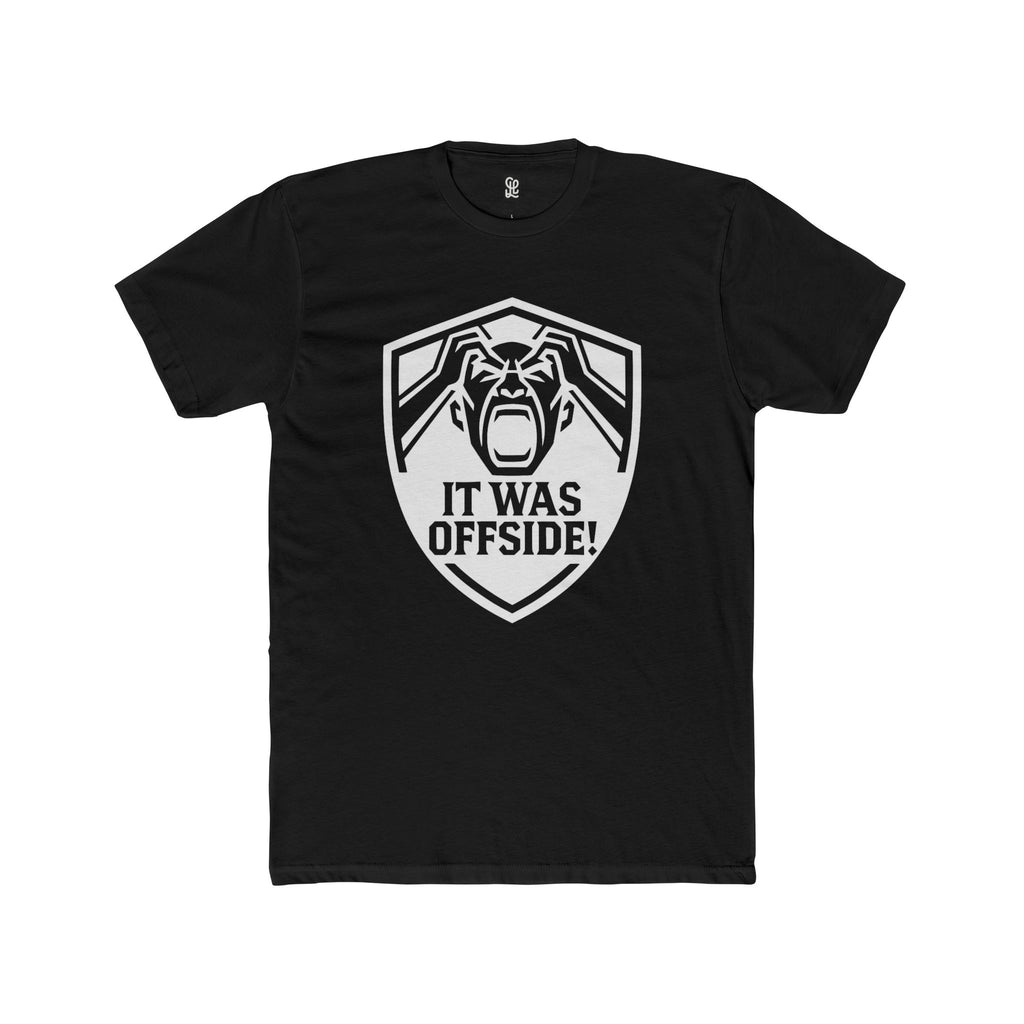 Front view of oryggy It Was Offside T-Shirt in black, featuring a high-contrast circular soccer ref rage shield graphic on the chest.
