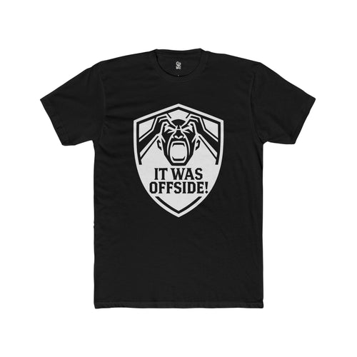 Front view of oryggy It Was Offside T-Shirt in black, featuring a high-contrast circular soccer ref rage shield graphic on the chest.
