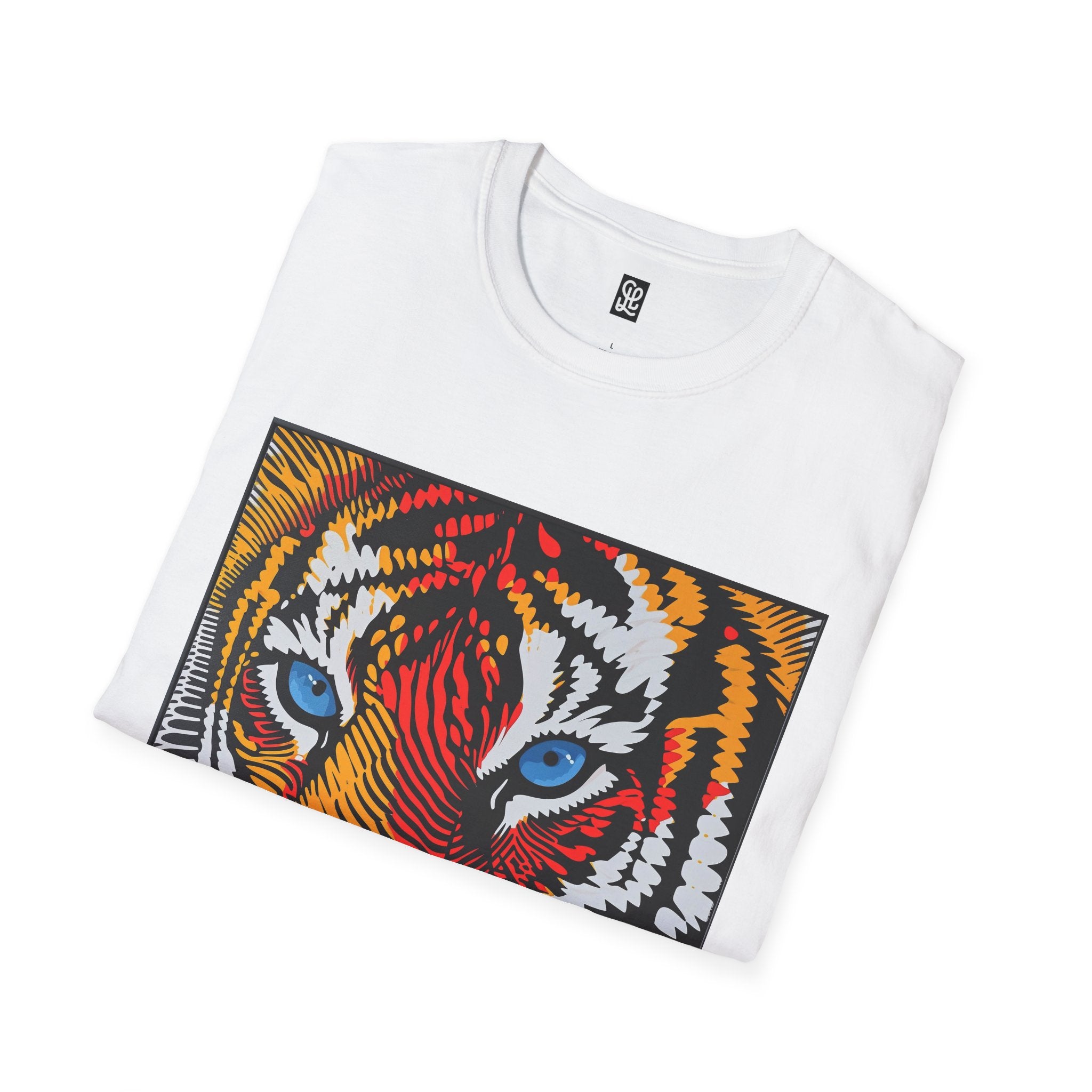 oryggy Colorful Tiger Face T-Shirt with Vibrant Blue Eyes and Pop Art Stripes