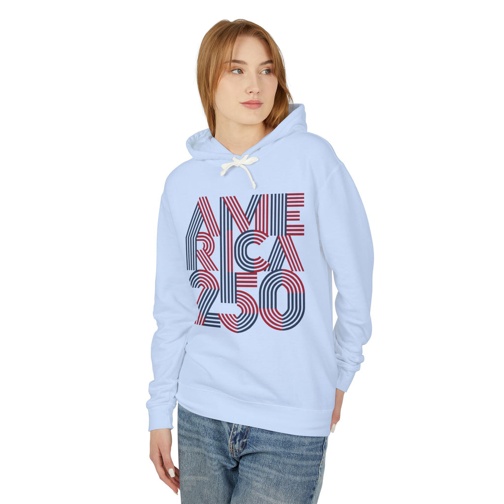 America 250 Hoodie — Retro Red & Blue Patriotic Anniversary Pullover